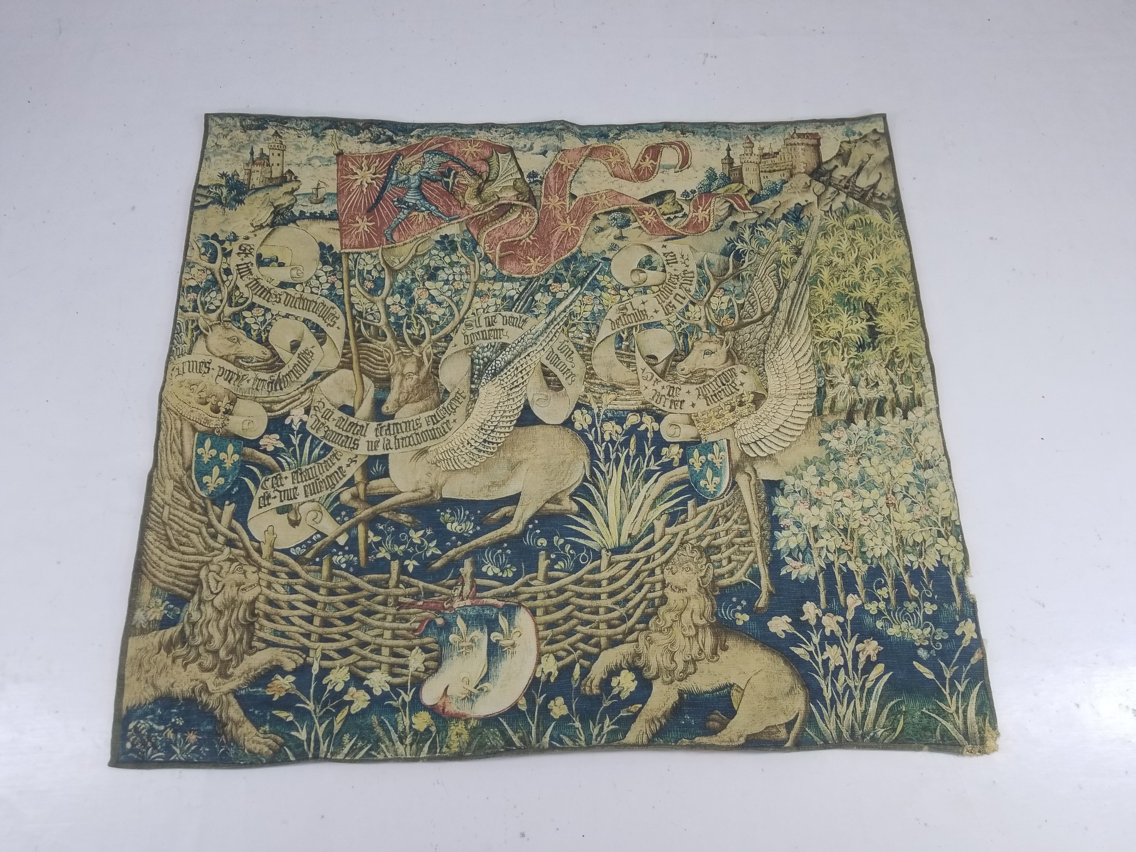 Vintage European Medieval Heraldic Unicorn Scene Woven Tapestry 130x114cm
