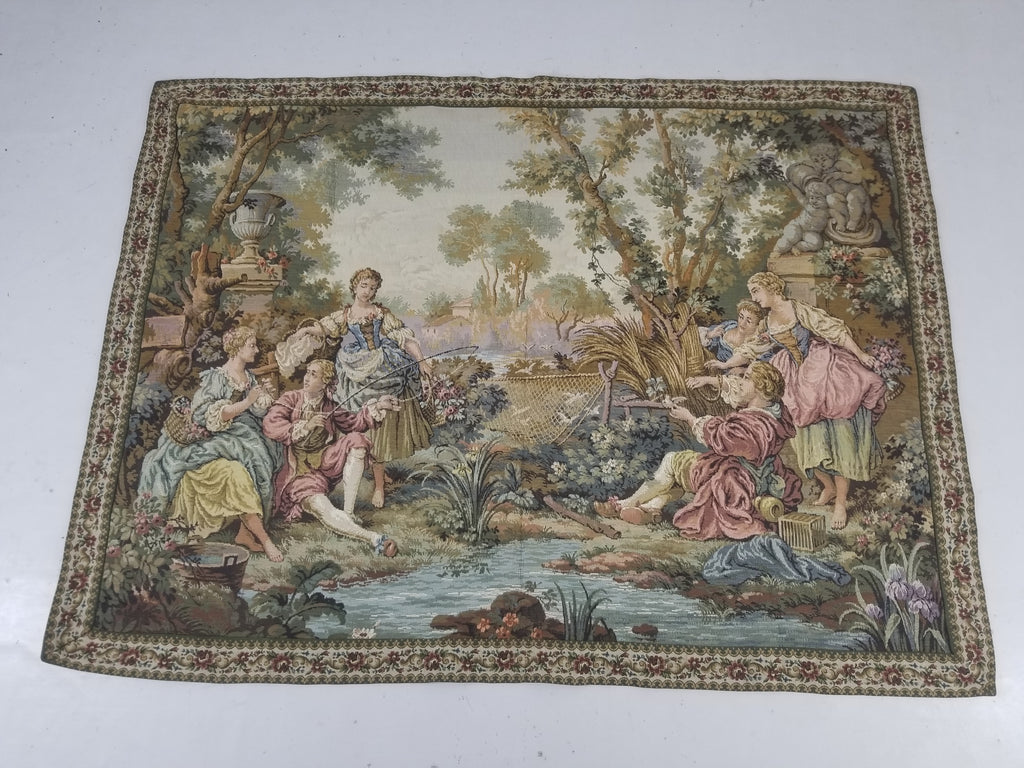 Vintage European Rococo Courtyard & Riverside Scene Jacquard Woven Tapestry 146x110cm