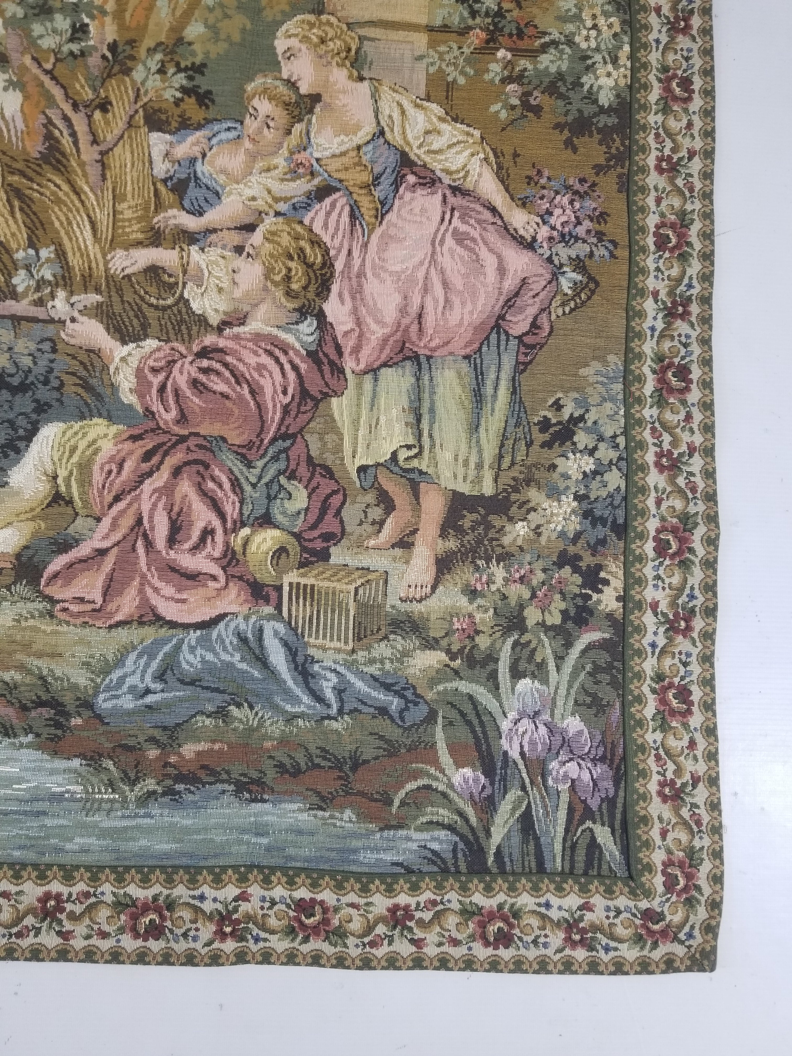 Vintage European Rococo Courtyard & Riverside Scene Jacquard Woven Tapestry 146x110cm