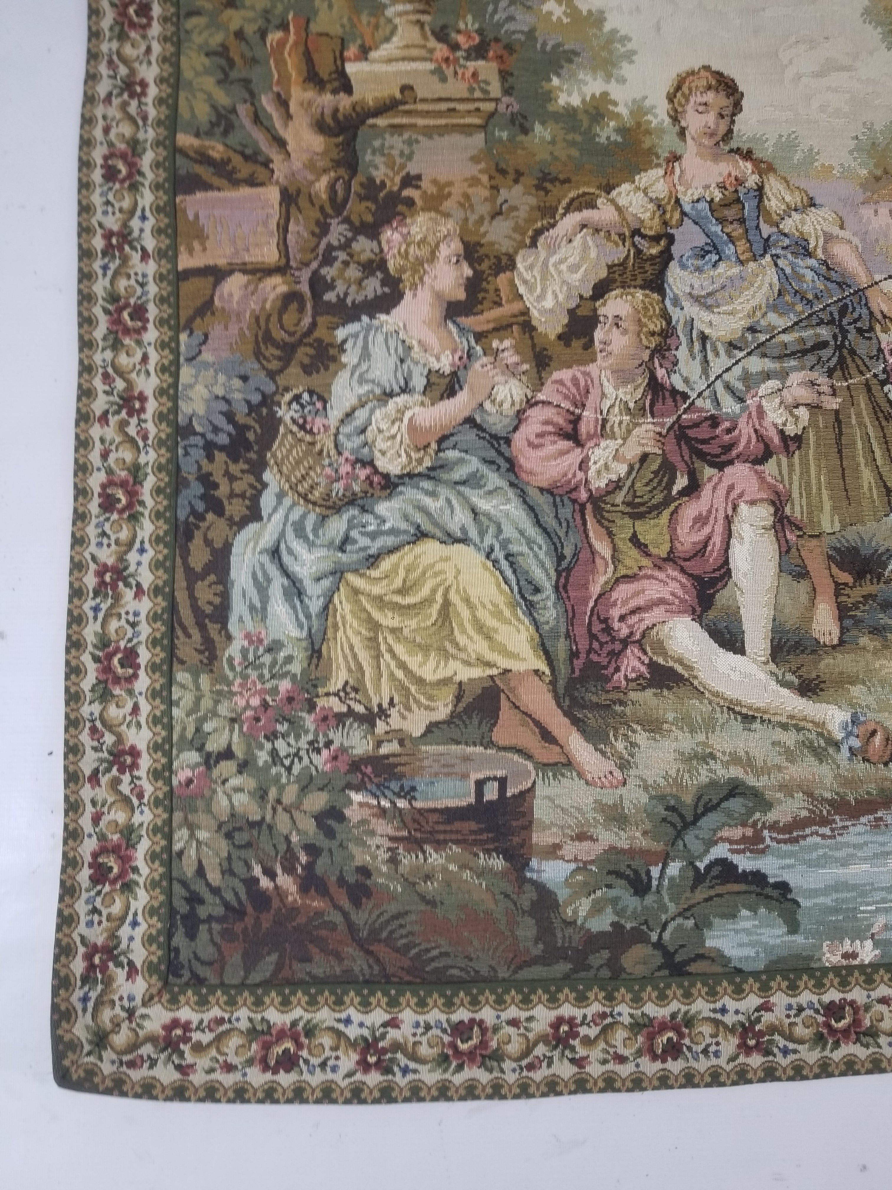 Vintage European Rococo Courtyard & Riverside Scene Jacquard Woven Tapestry 146x110cm