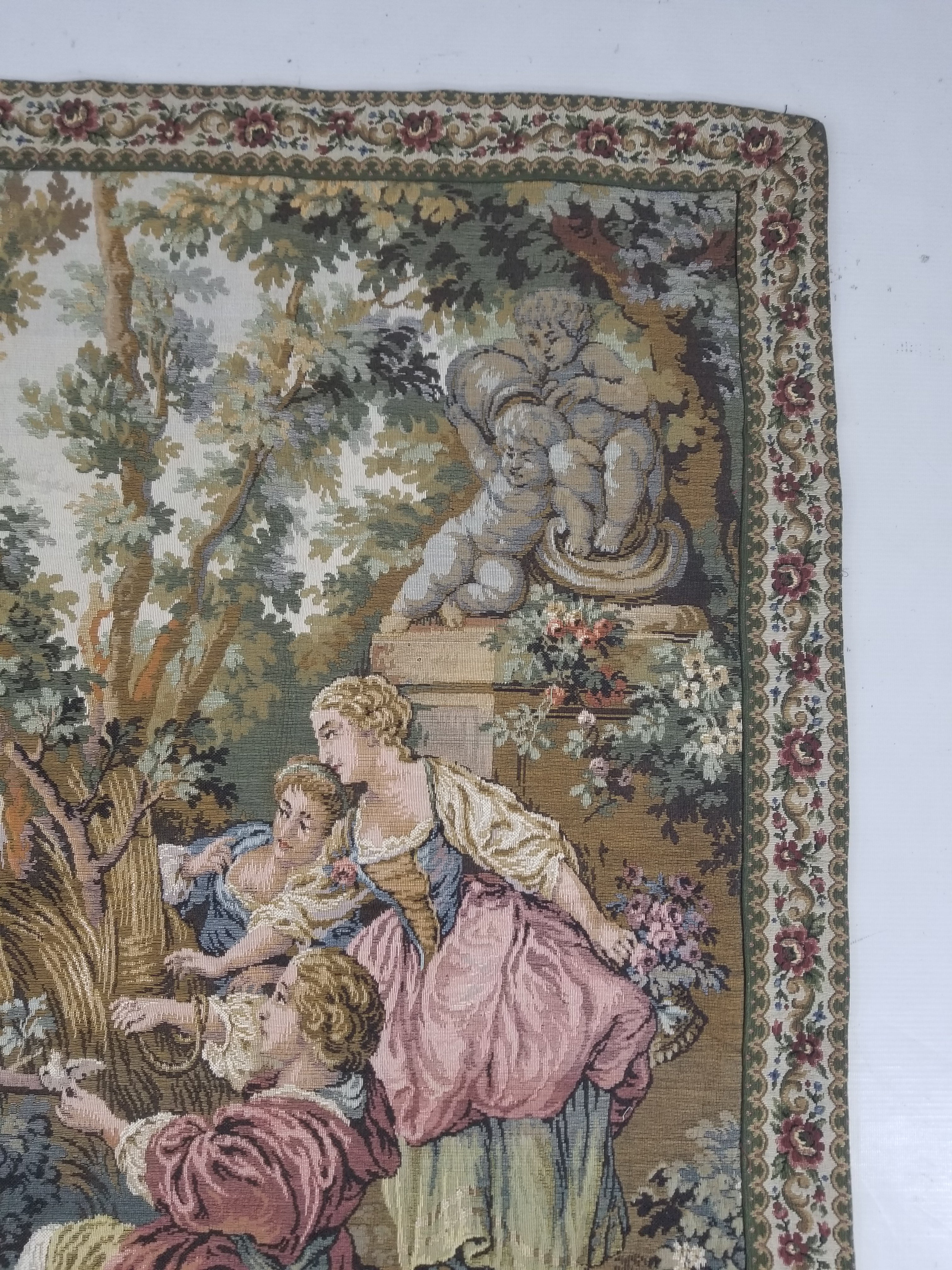 Vintage European Rococo Courtyard & Riverside Scene Jacquard Woven Tapestry 146x110cm