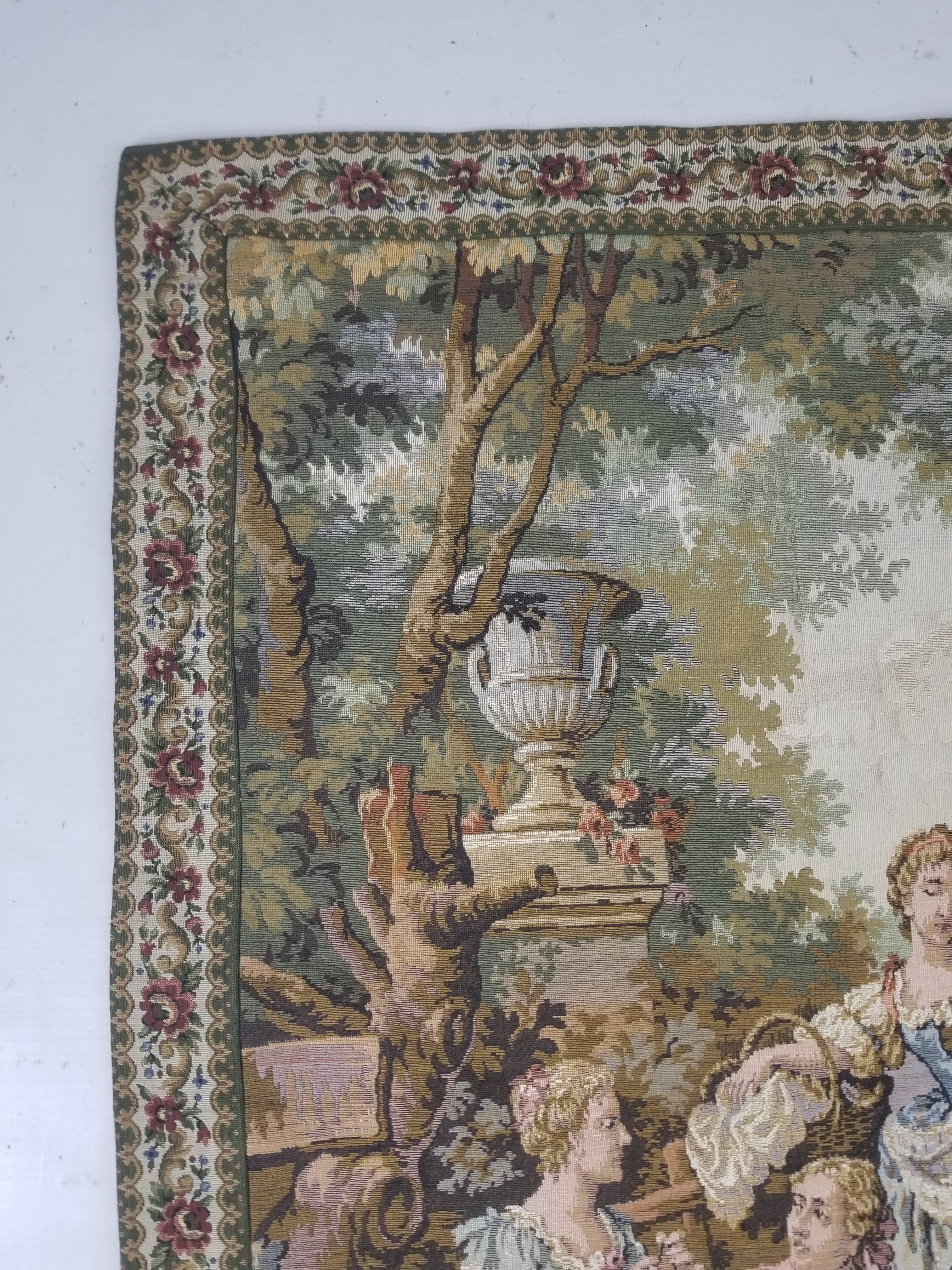 Vintage European Rococo Courtyard & Riverside Scene Jacquard Woven Tapestry 146x110cm