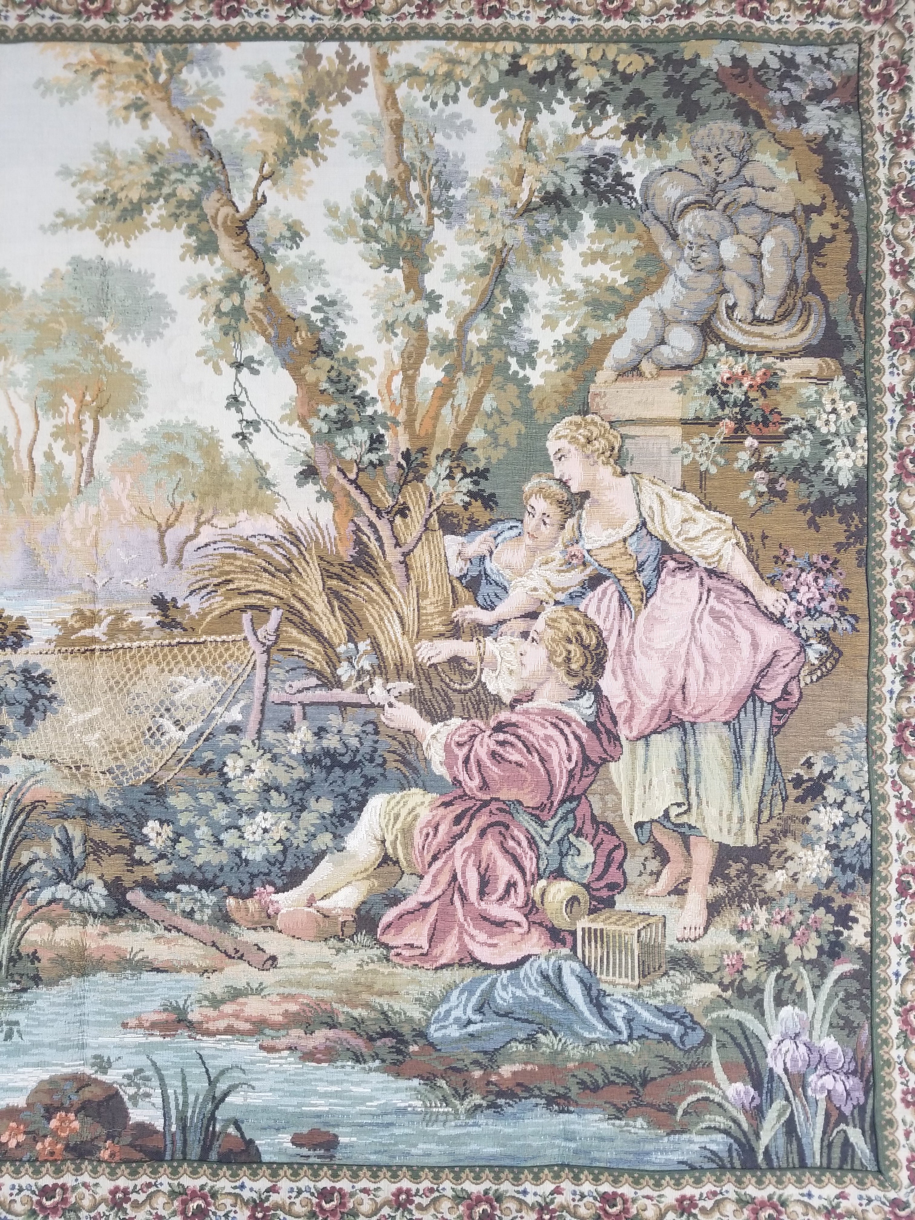 Vintage European Rococo Courtyard & Riverside Scene Jacquard Woven Tapestry 146x110cm