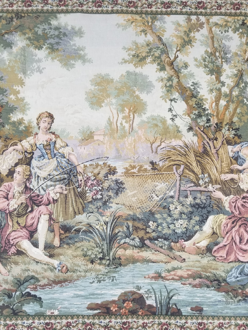 Vintage European Rococo Courtyard & Riverside Scene Jacquard Woven Tapestry 146x110cm