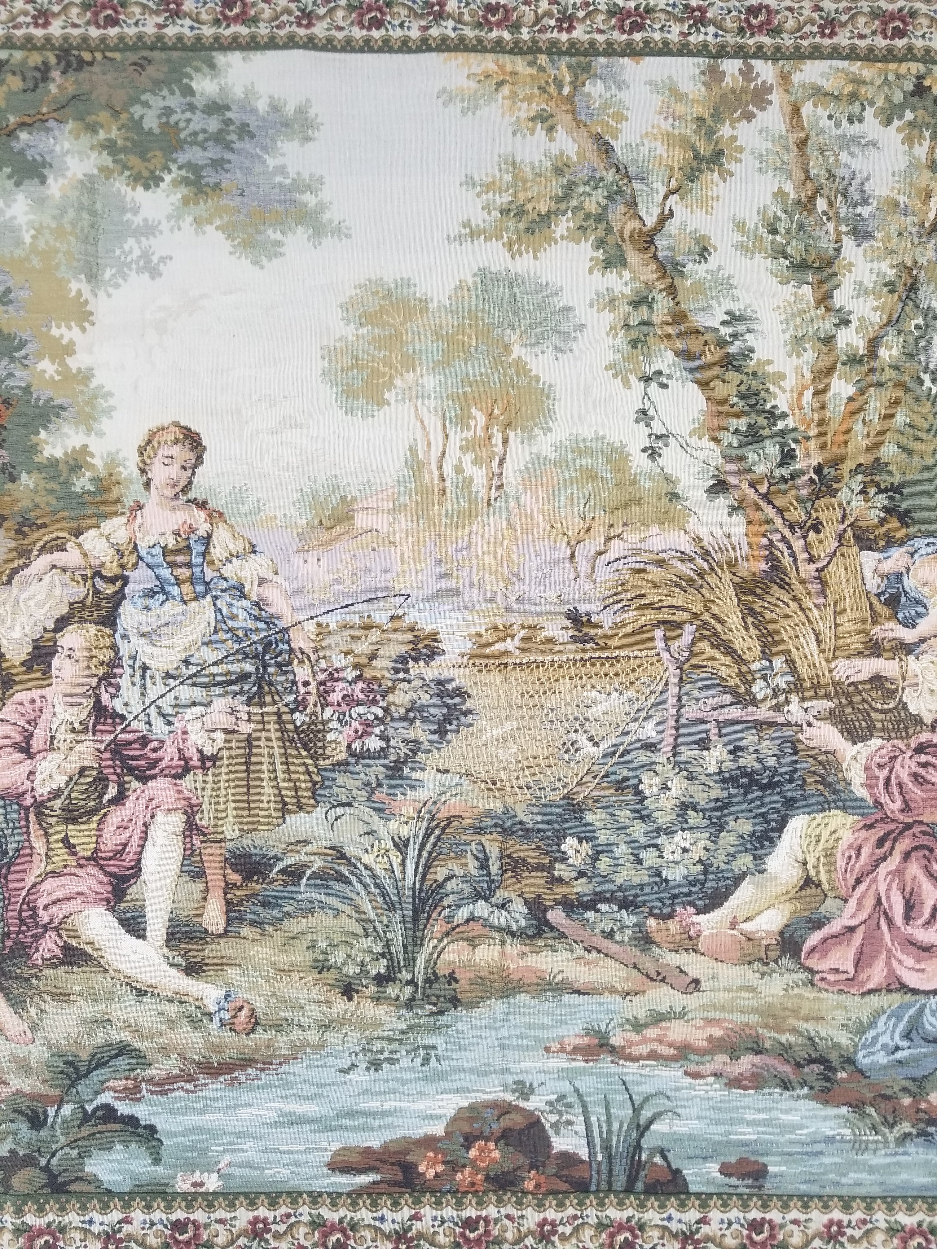 Vintage European Rococo Courtyard & Riverside Scene Jacquard Woven Tapestry 146x110cm