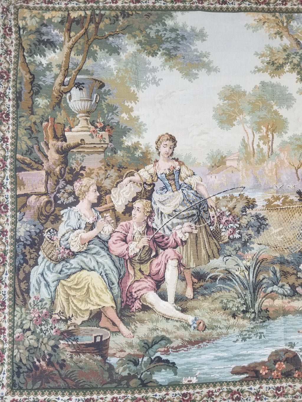 Vintage European Rococo Courtyard & Riverside Scene Jacquard Woven Tapestry 146x110cm
