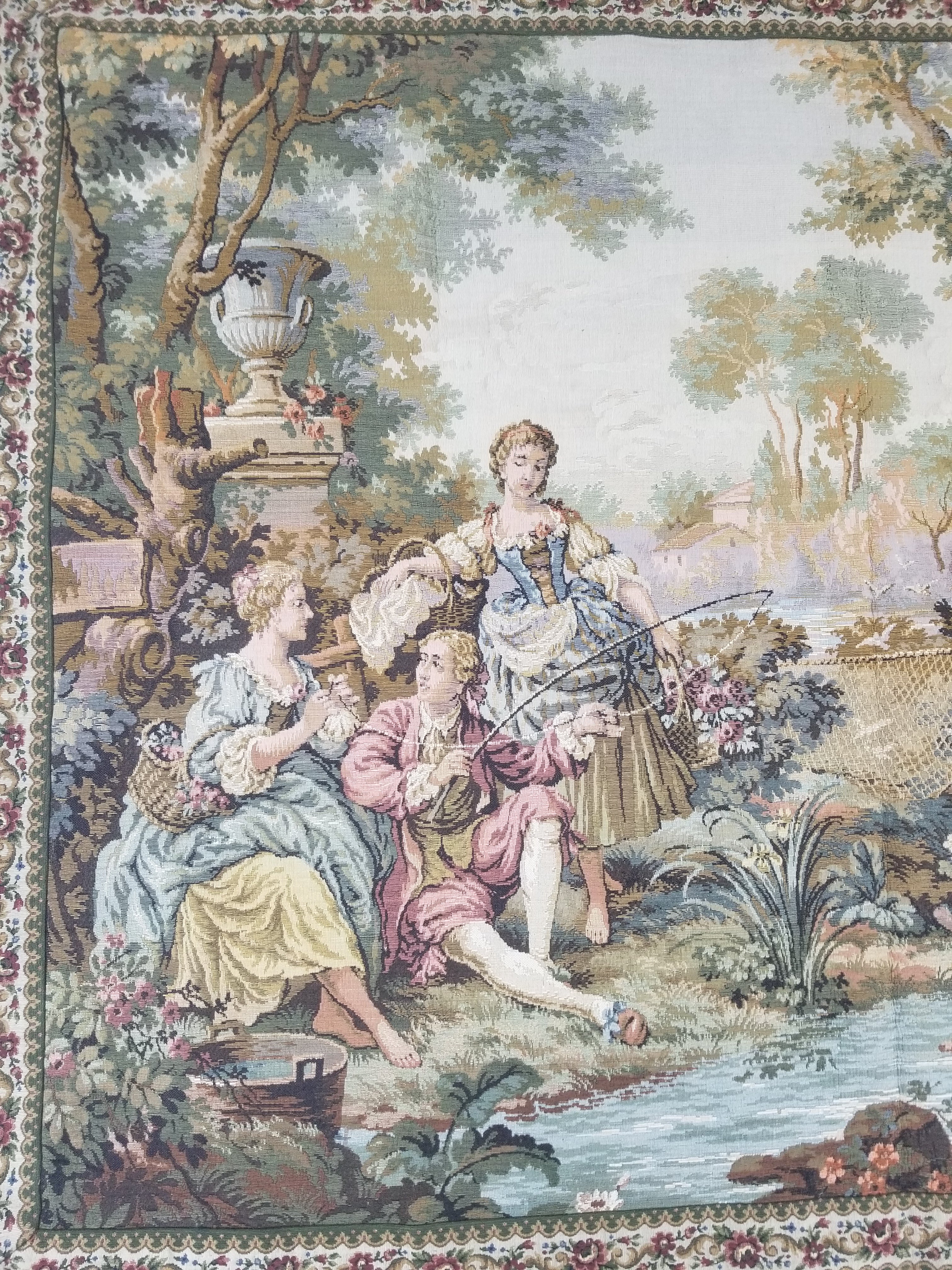 Vintage European Rococo Courtyard & Riverside Scene Jacquard Woven Tapestry 146x110cm
