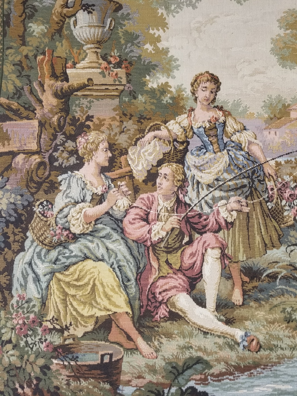 Vintage European Rococo Courtyard & Riverside Scene Jacquard Woven Tapestry 146x110cm