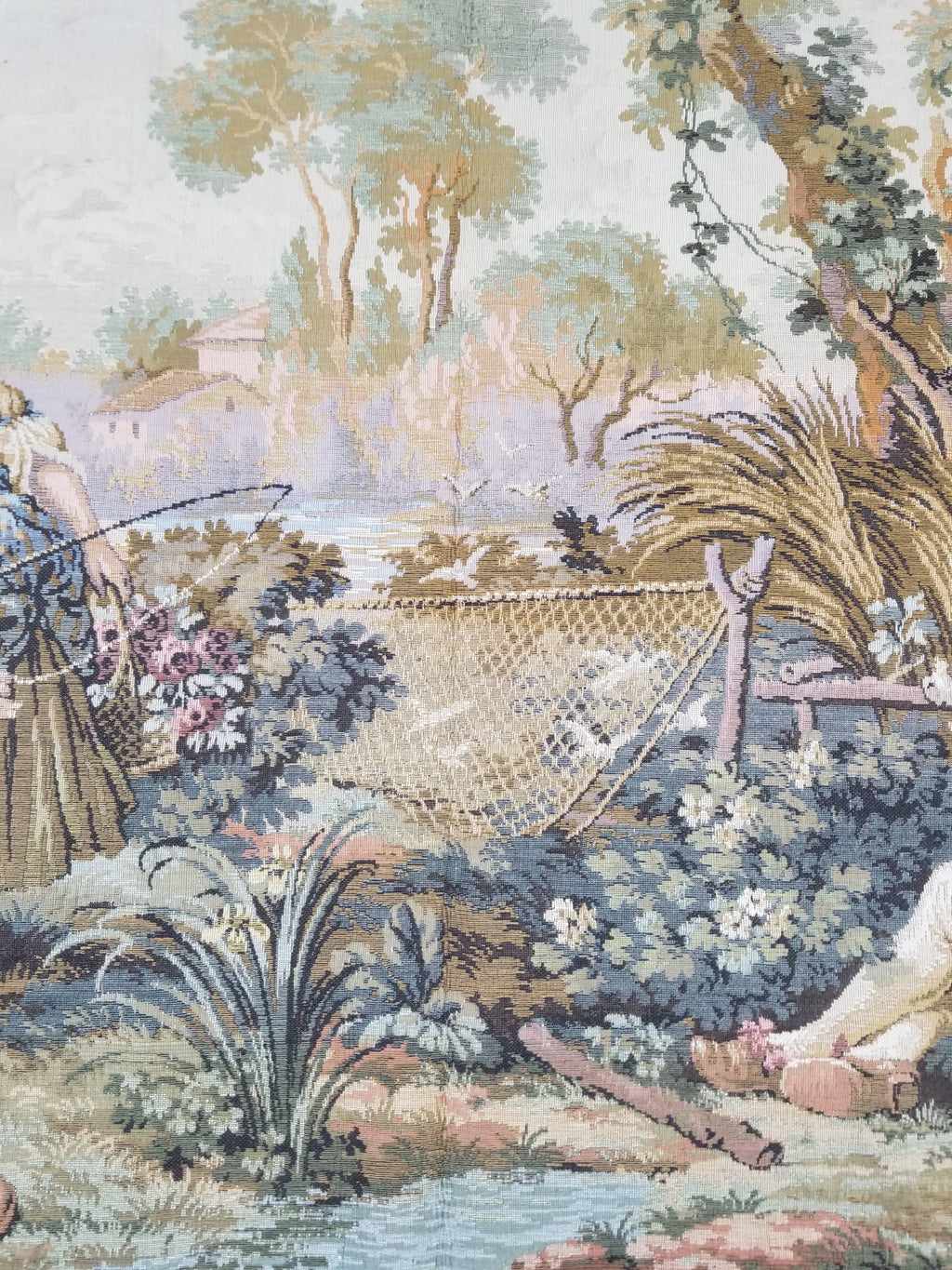Vintage European Rococo Courtyard & Riverside Scene Jacquard Woven Tapestry 146x110cm