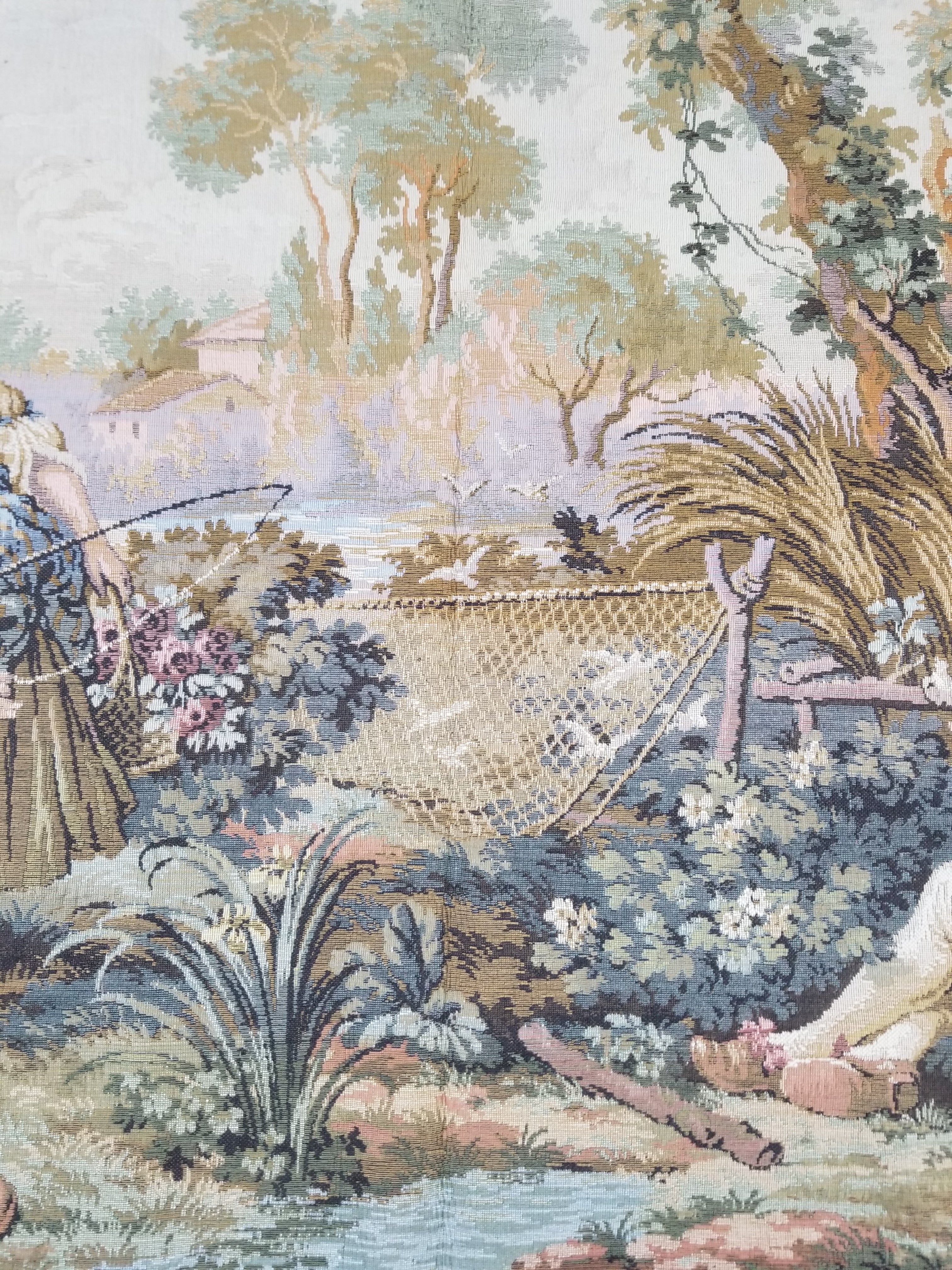 Vintage European Rococo Courtyard & Riverside Scene Jacquard Woven Tapestry 146x110cm