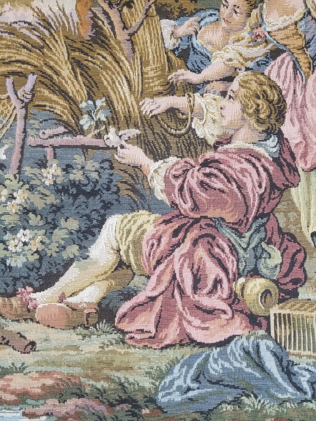 Vintage European Rococo Courtyard & Riverside Scene Jacquard Woven Tapestry 146x110cm