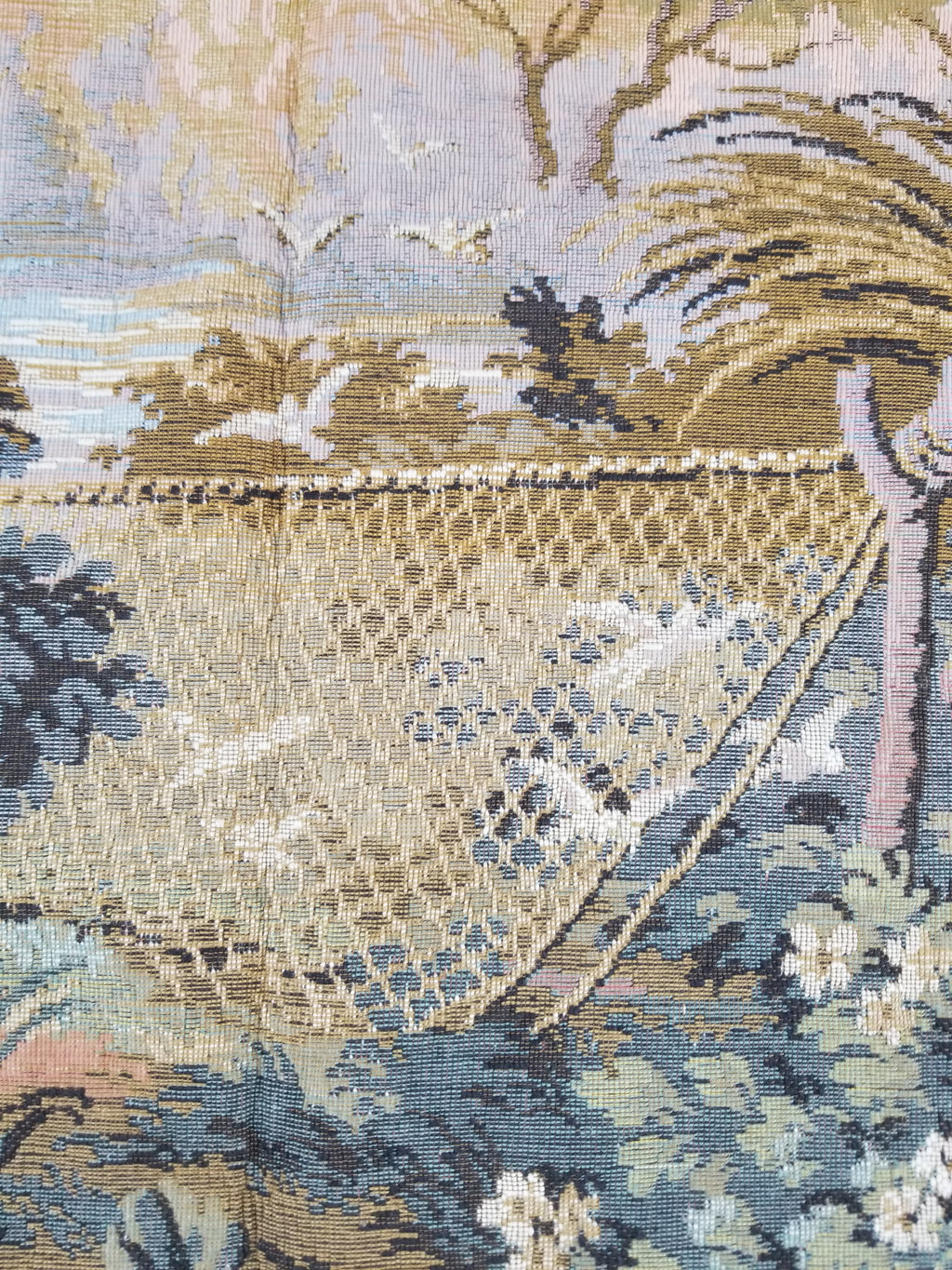 Vintage European Rococo Courtyard & Riverside Scene Jacquard Woven Tapestry 146x110cm