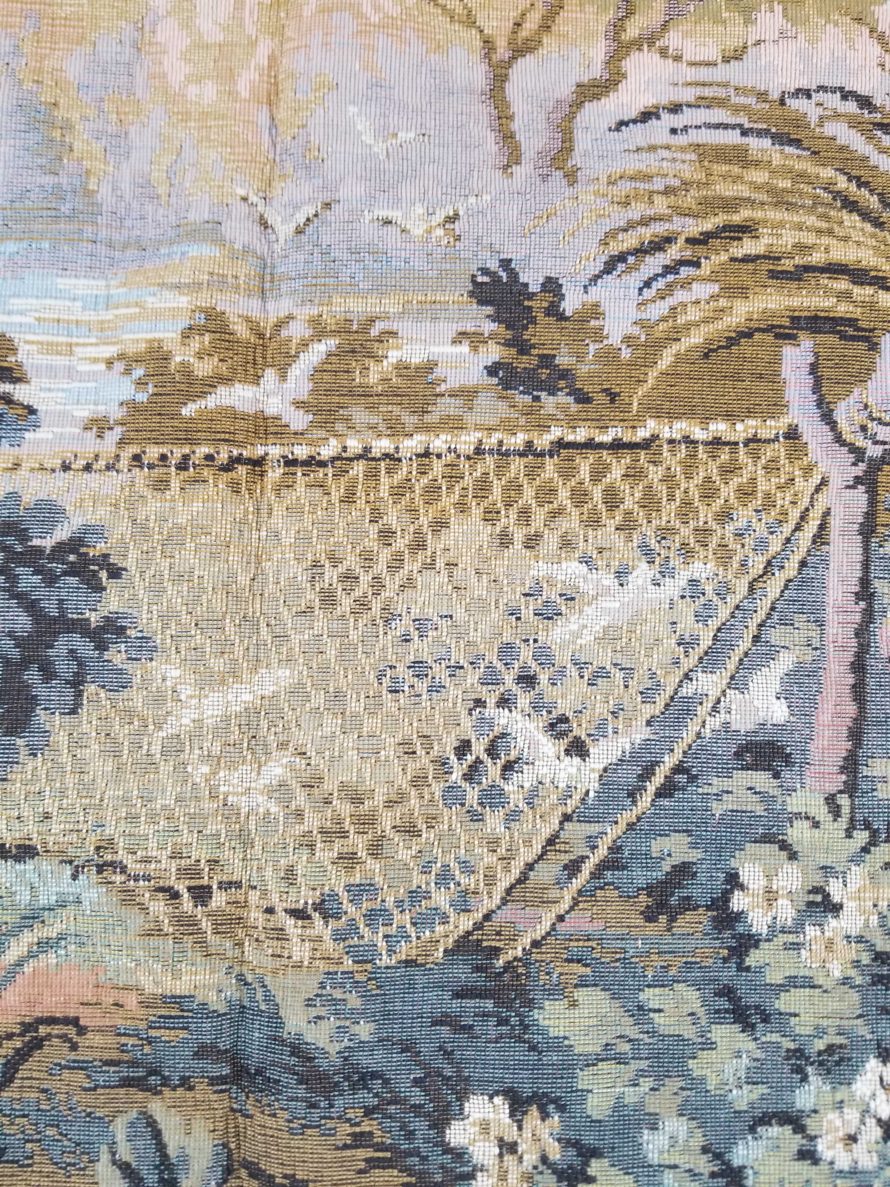 Vintage European Rococo Courtyard & Riverside Scene Jacquard Woven Tapestry 146x110cm