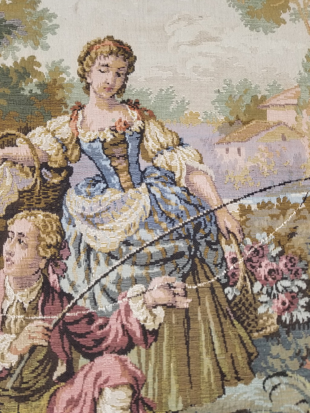 Vintage European Rococo Courtyard & Riverside Scene Jacquard Woven Tapestry 146x110cm