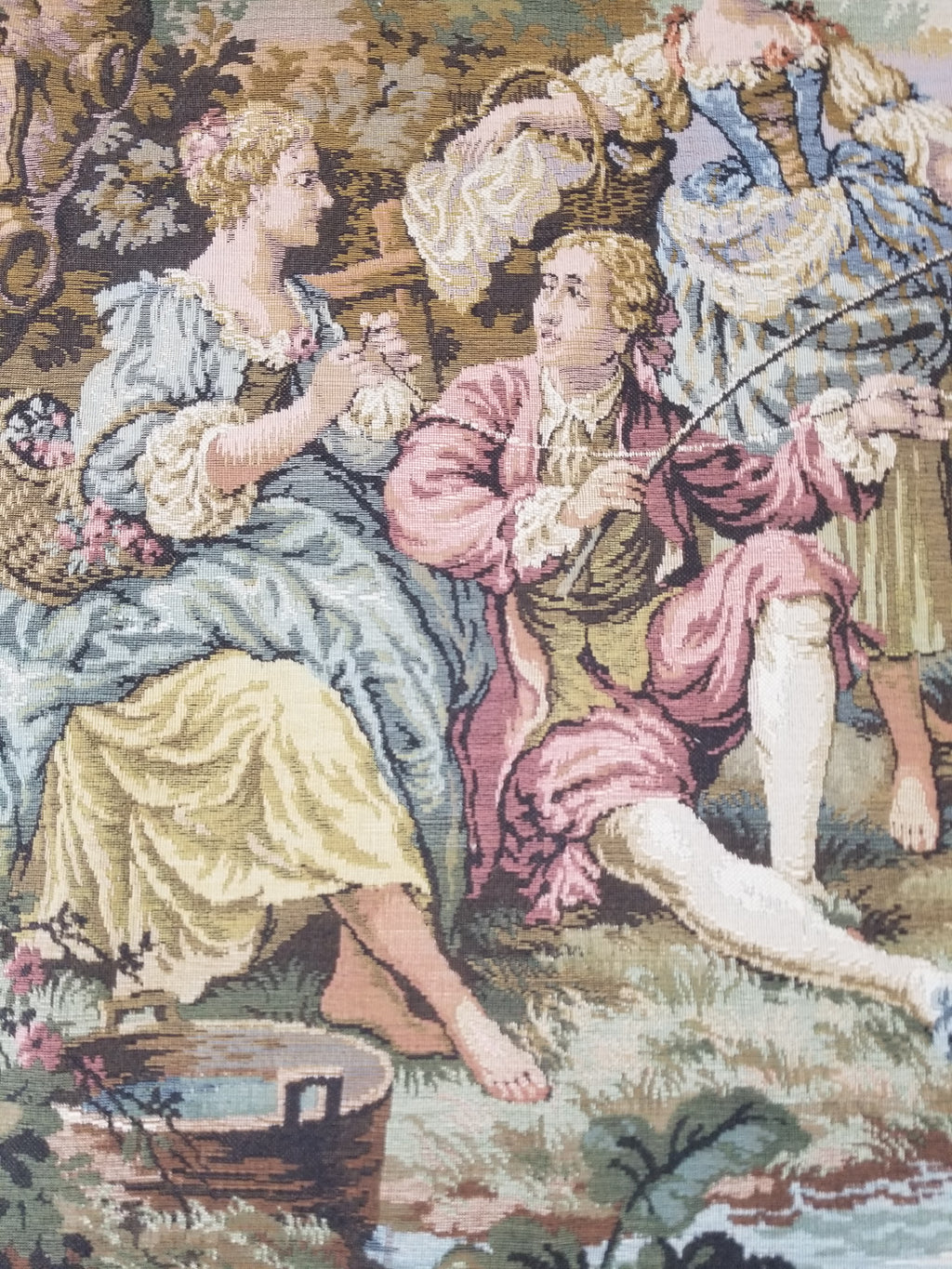 Vintage European Rococo Courtyard & Riverside Scene Jacquard Woven Tapestry 146x110cm