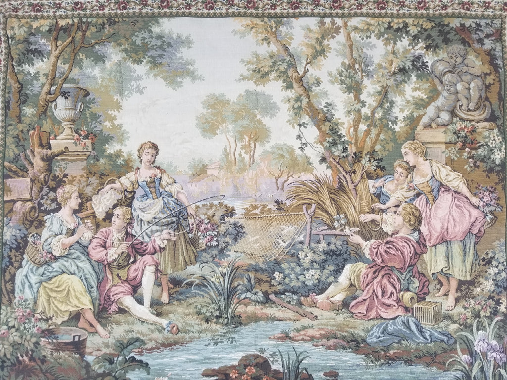 Vintage European Rococo Courtyard & Riverside Scene Jacquard Woven Tapestry 146x110cm