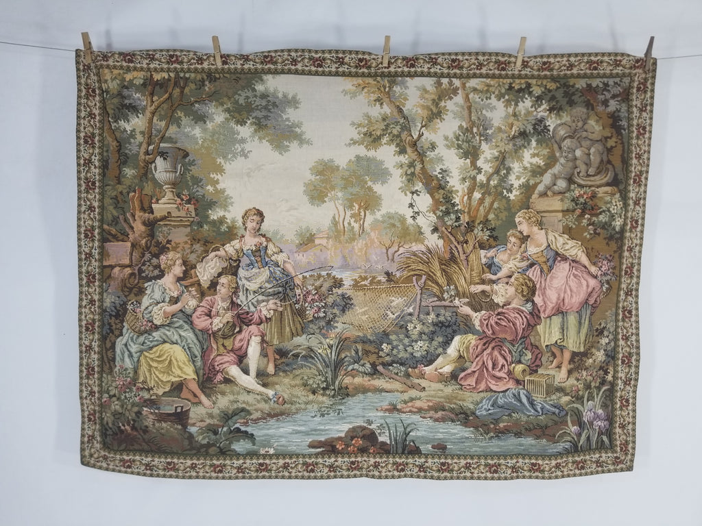 Vintage European Rococo Courtyard & Riverside Scene Jacquard Woven Tapestry 146x110cm