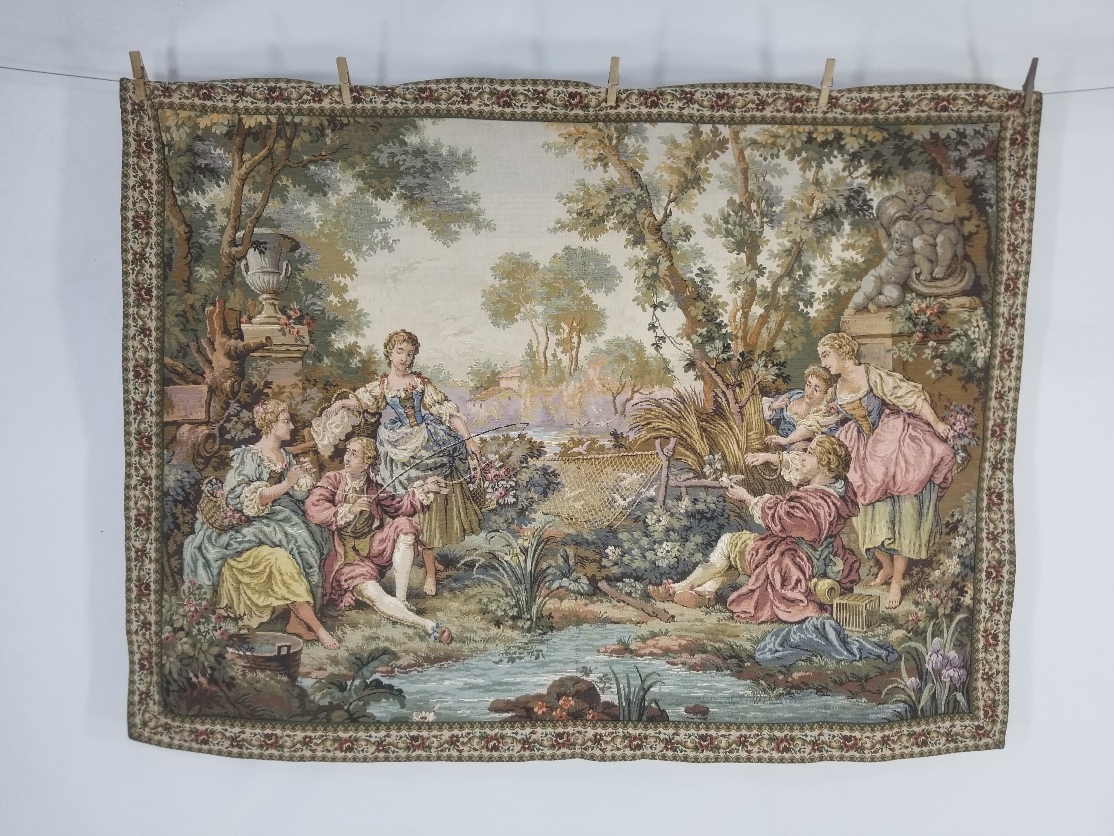 Vintage European Rococo Courtyard & Riverside Scene Jacquard Woven Tapestry 146x110cm