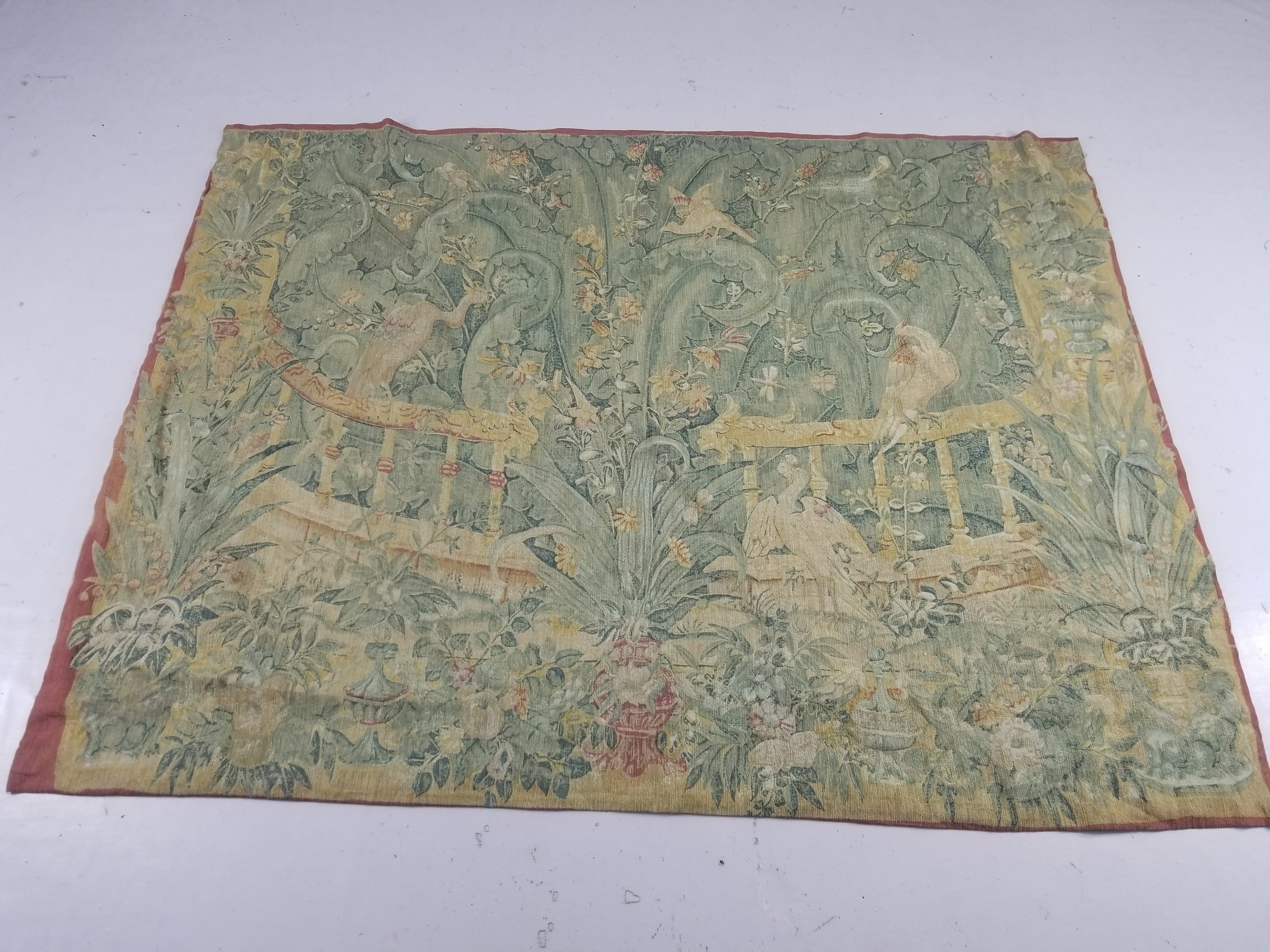 Antique European Verdure Birds & Fountain Jacquard Woven Tapestry 179x141cm
