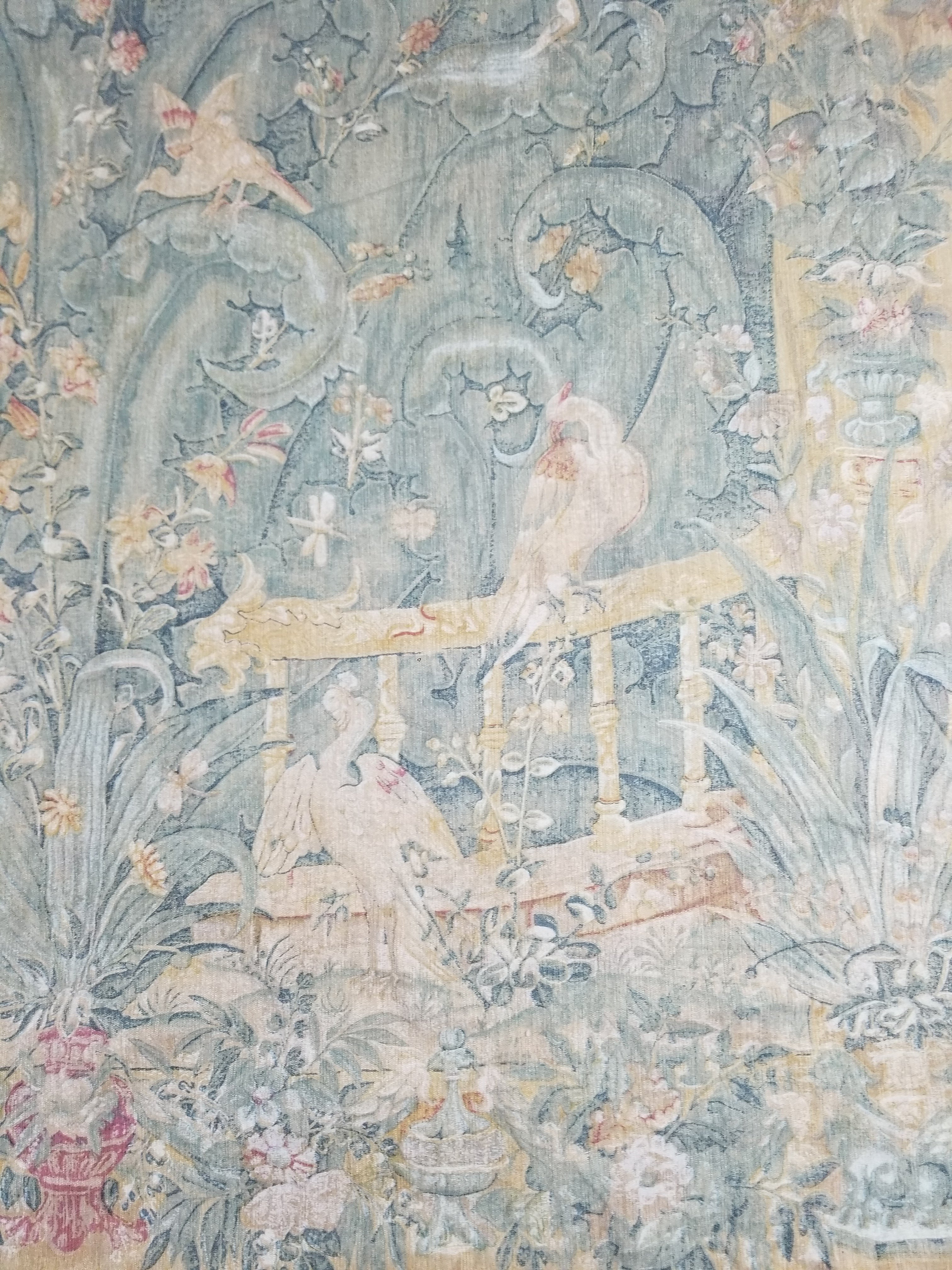 Antique European Verdure Birds & Fountain Jacquard Woven Tapestry 179x141cm