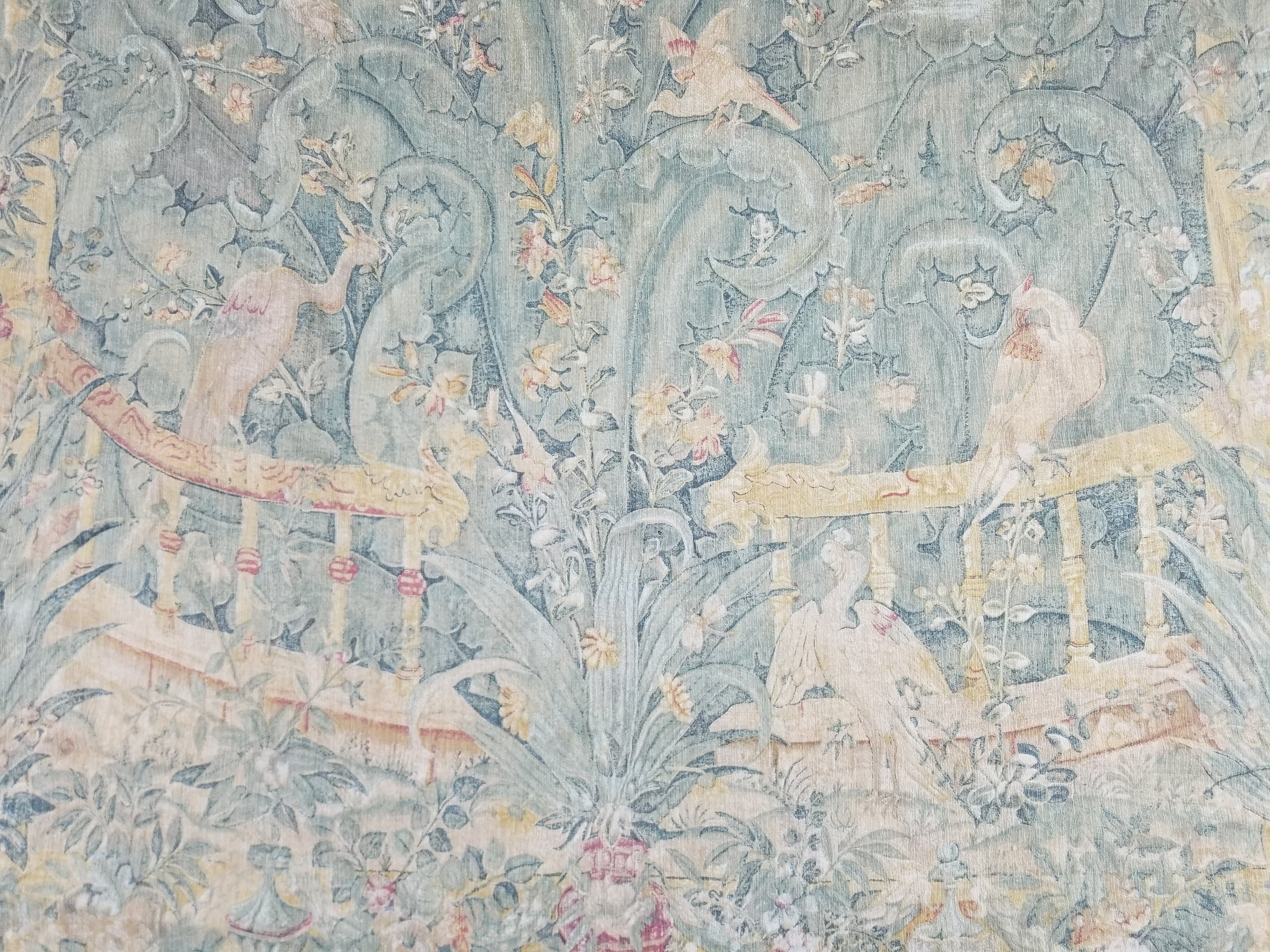 Antique European Verdure Birds & Fountain Jacquard Woven Tapestry 179x141cm