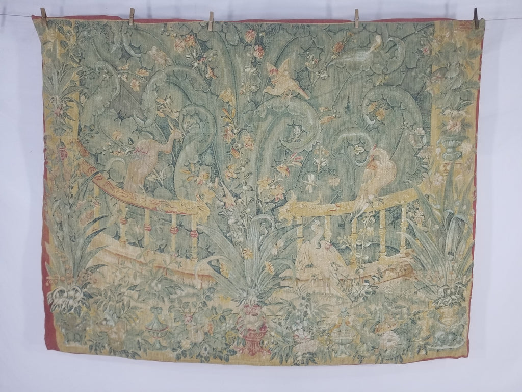 Antique European Verdure Birds & Fountain Jacquard Woven Tapestry 179x141cm