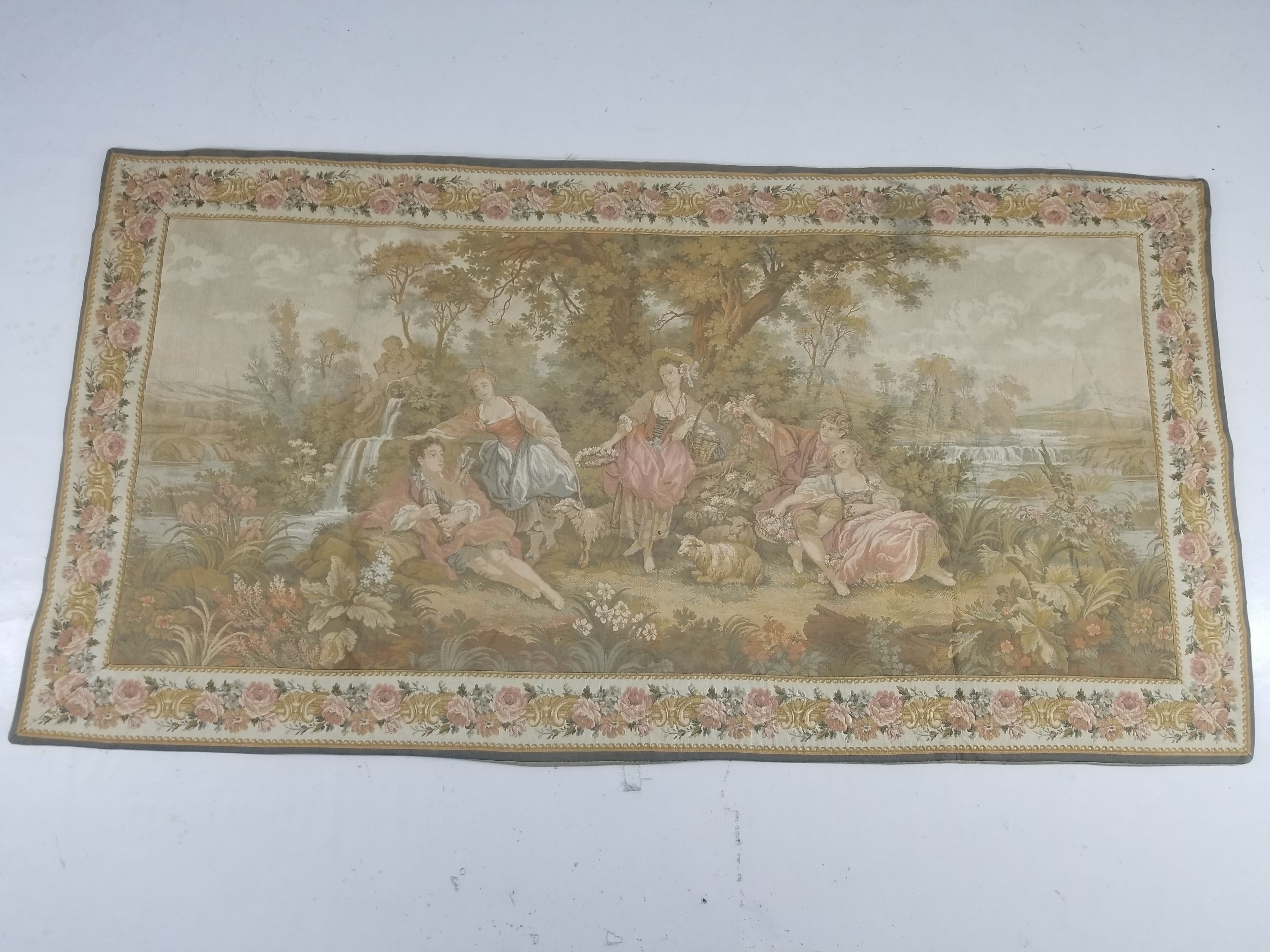 Vintage French Jacquard Woven Romantic Garden Scene Wall Hanging Tapestry 171x90cm