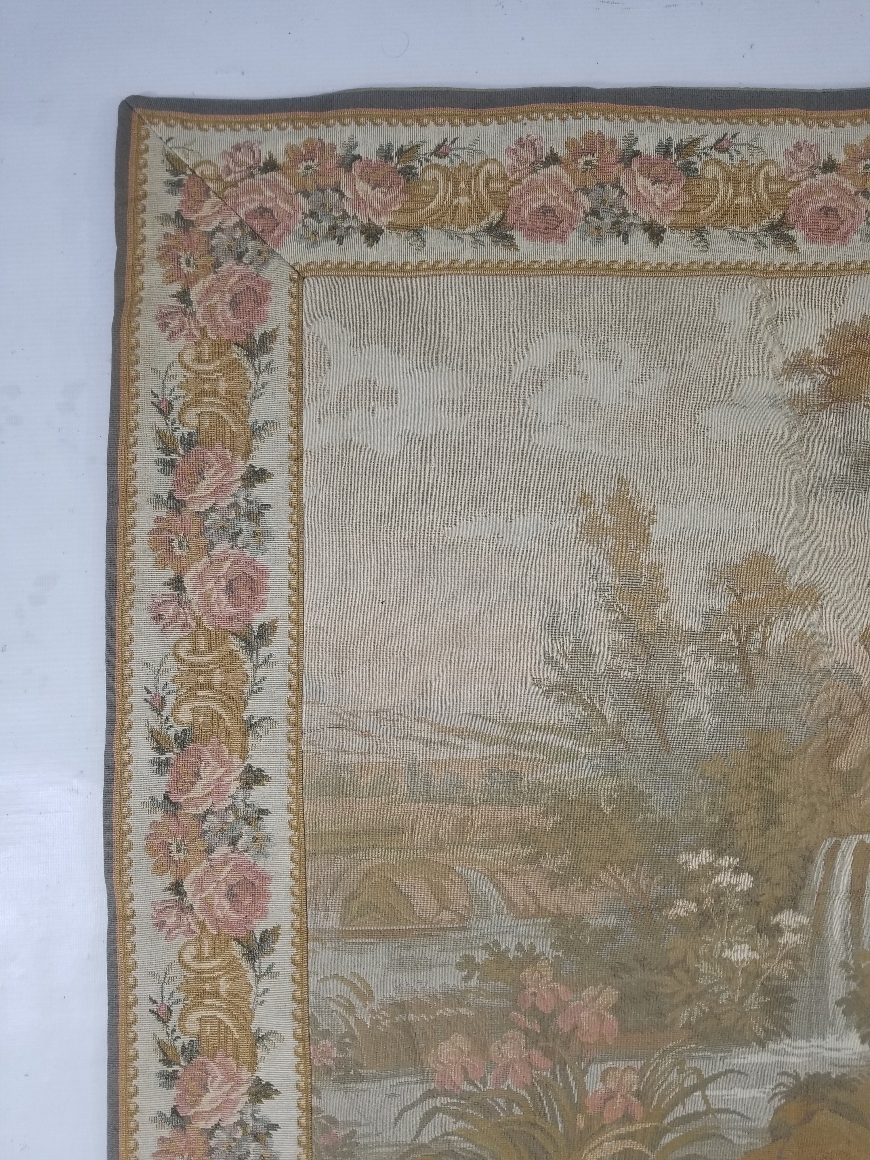 Vintage French Jacquard Woven Romantic Garden Scene Wall Hanging Tapestry 171x90cm