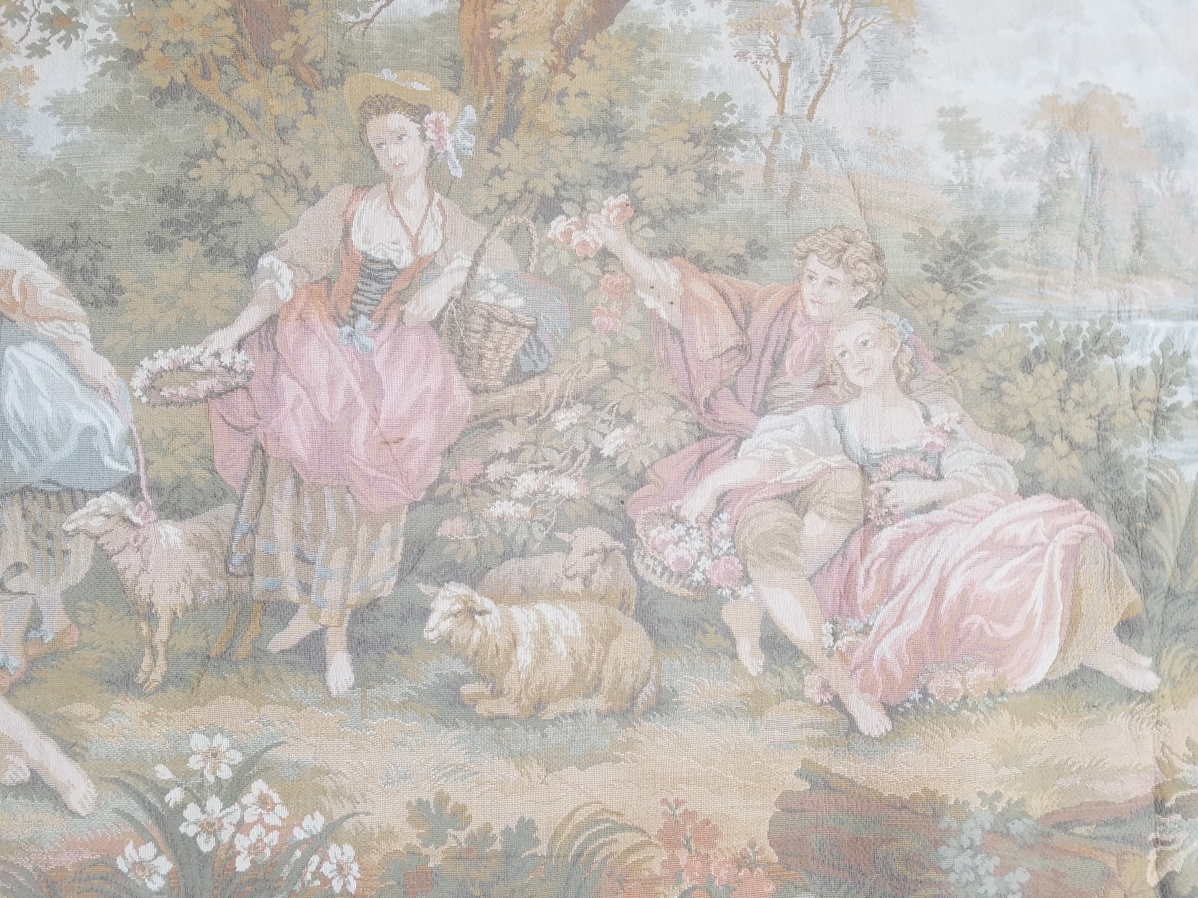Vintage French Jacquard Woven Romantic Garden Scene Wall Hanging Tapestry 171x90cm