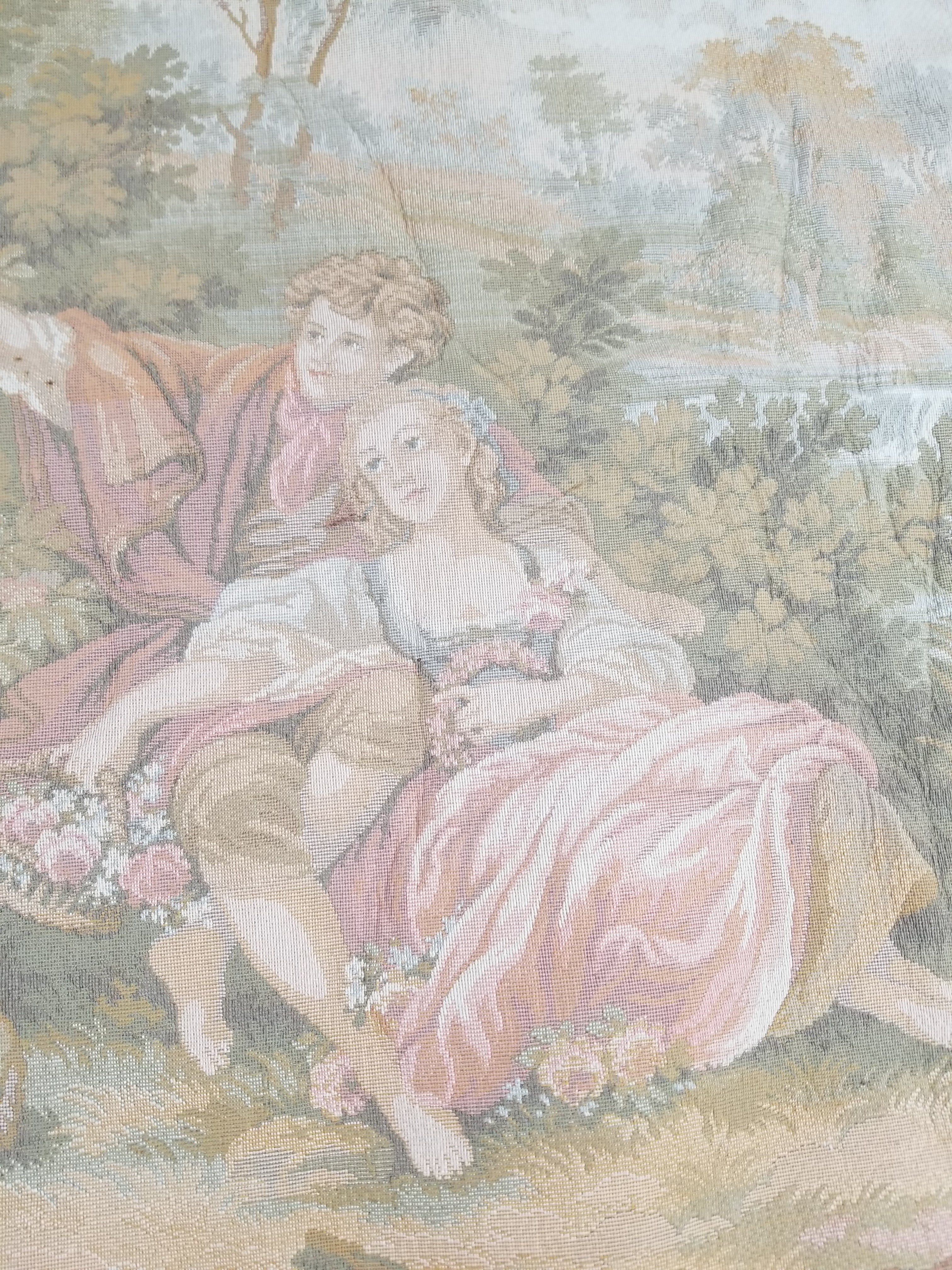 Vintage French Jacquard Woven Romantic Garden Scene Wall Hanging Tapestry 171x90cm