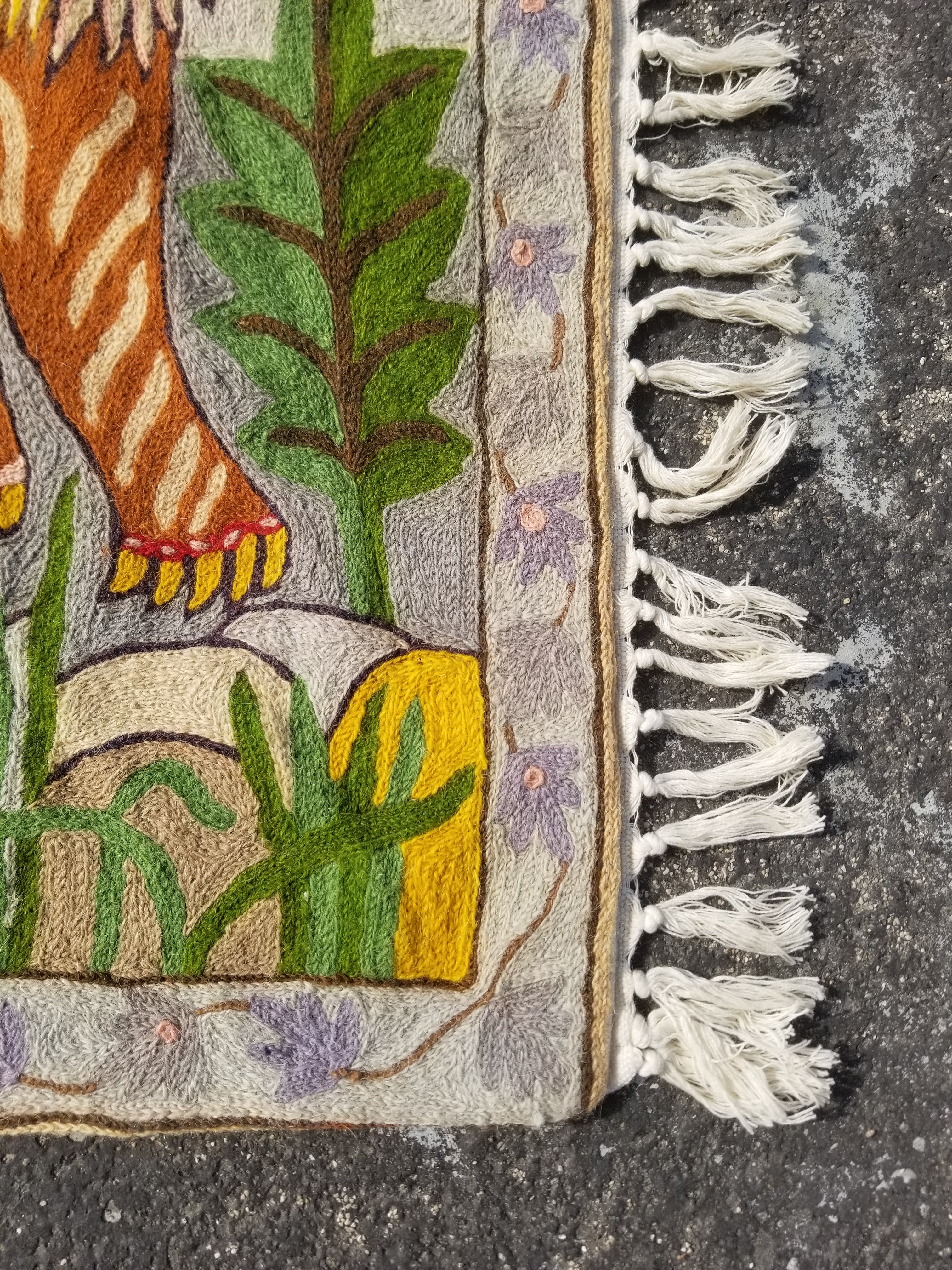 Vintage Traditional Kashmiri Chain Stitch Lion Motif Wool Multicolor Rug 86x84cm