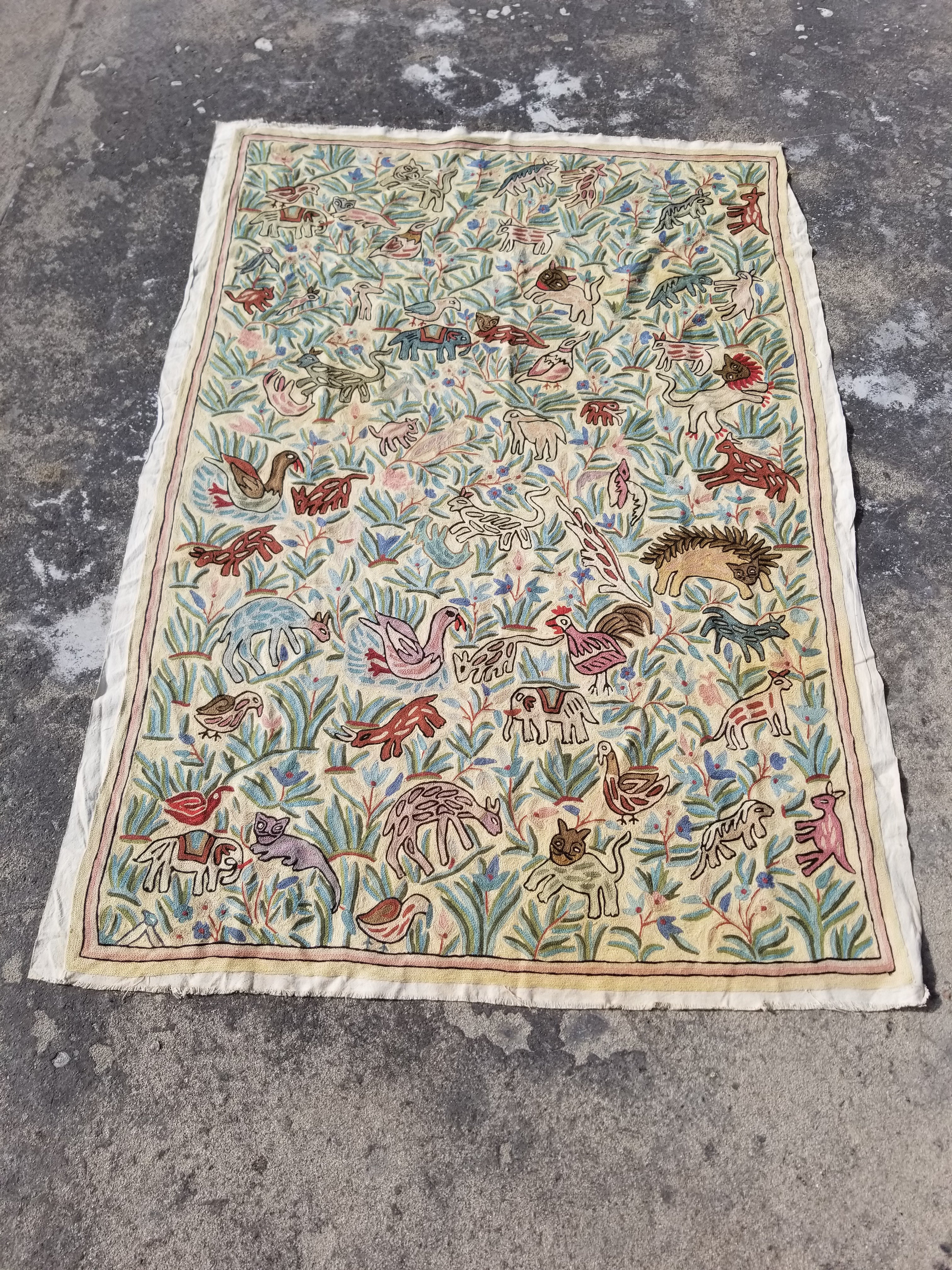 Vintage Kashmiri Chain Stitch Animal Folk Art Wool Multicolor Rug 170x121cm