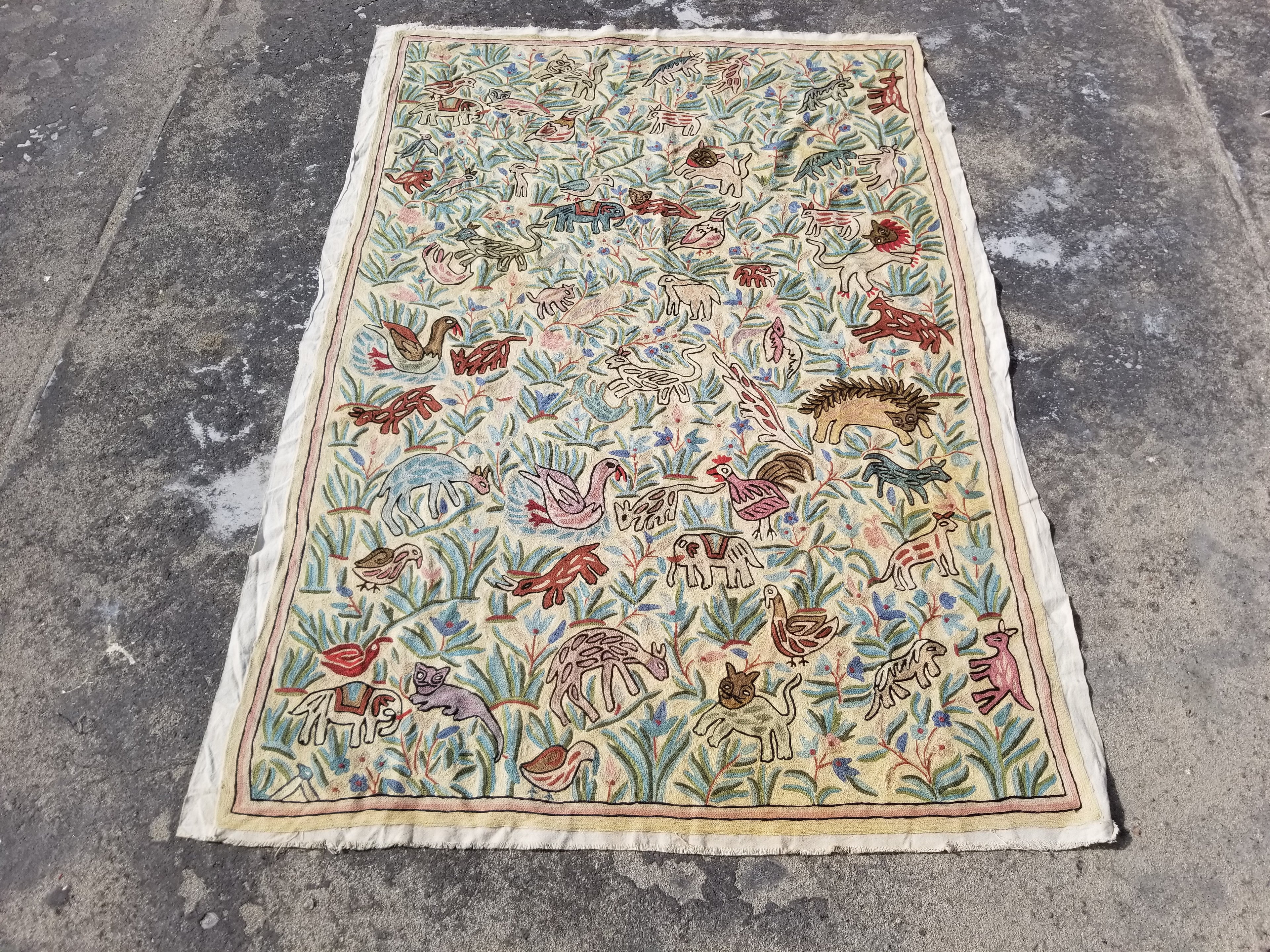 Vintage Kashmiri Chain Stitch Animal Folk Art Wool Multicolor Rug 170x121cm