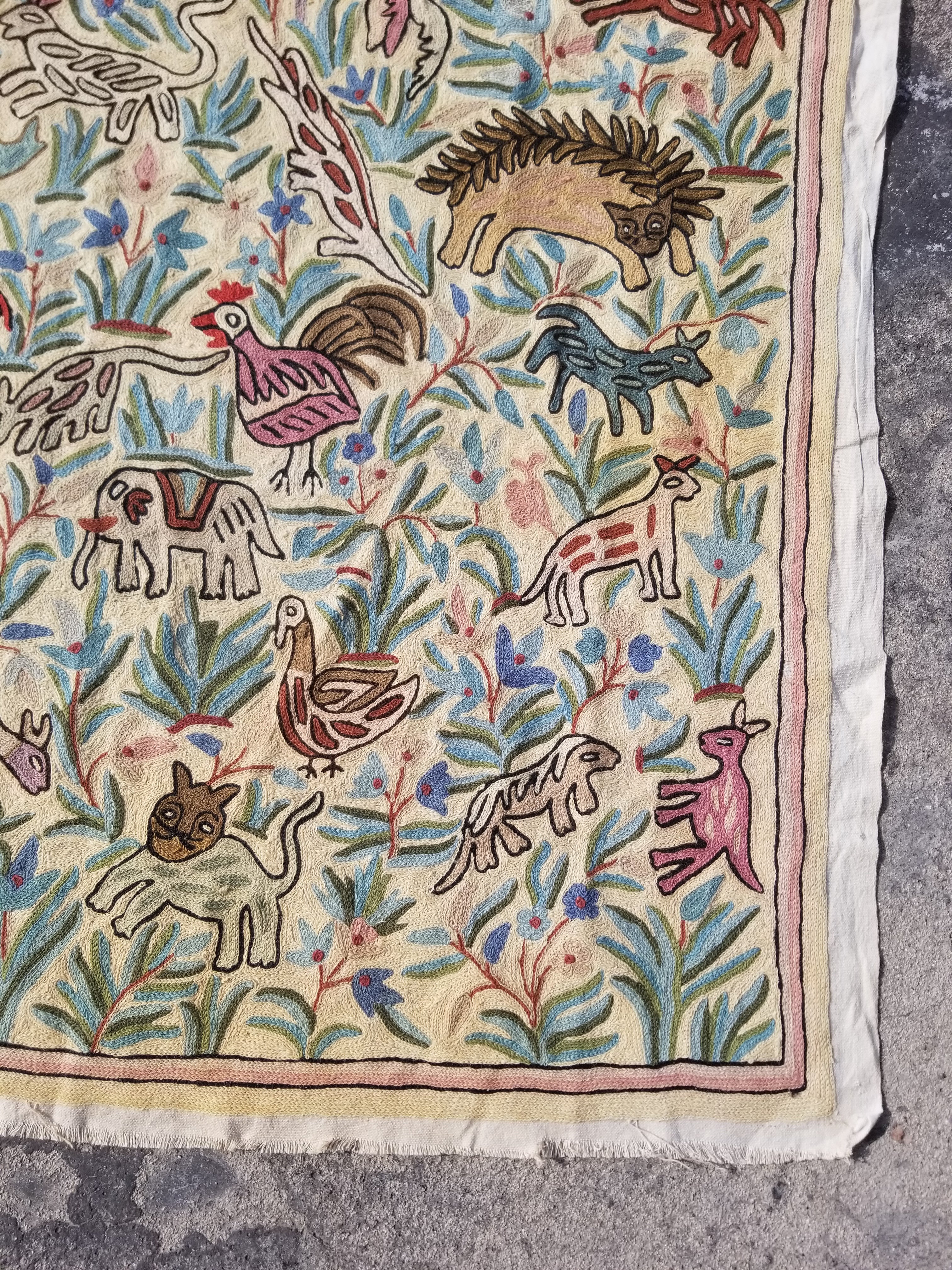 Vintage Kashmiri Chain Stitch Animal Folk Art Wool Multicolor Rug 170x121cm