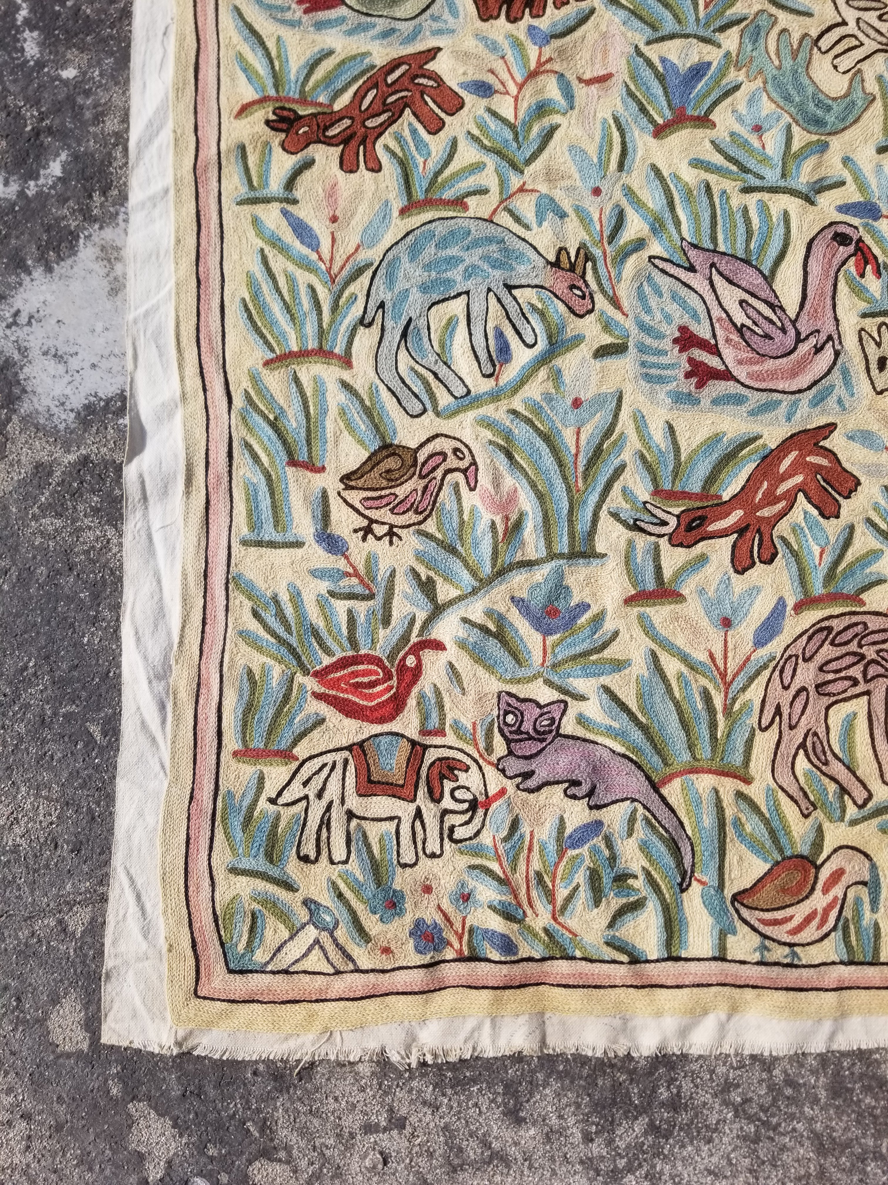 Vintage Kashmiri Chain Stitch Animal Folk Art Wool Multicolor Rug 170x121cm