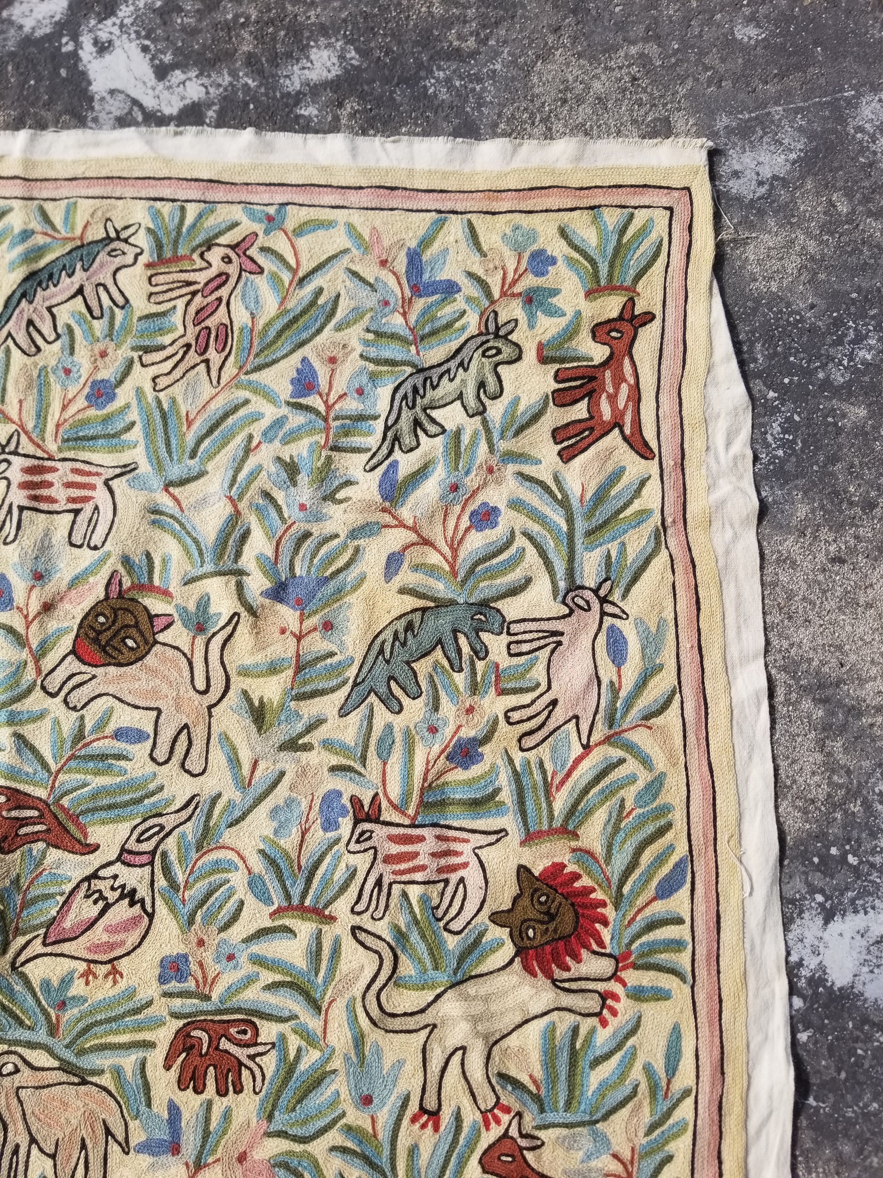 Vintage Kashmiri Chain Stitch Animal Folk Art Wool Multicolor Rug 170x121cm
