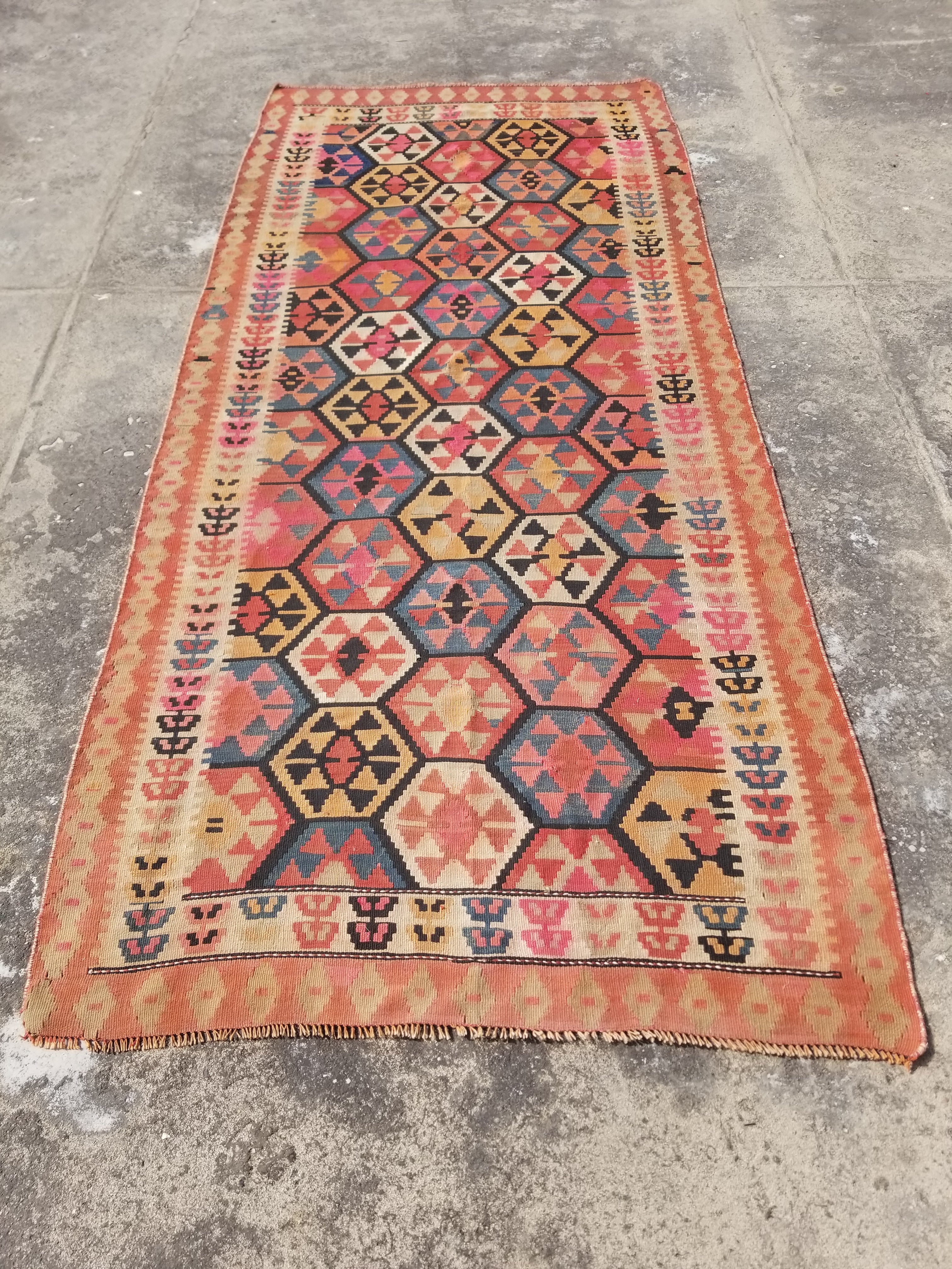 Vintage Traditional Handwoven Turkish Tribal Wool Multicolor Kilim 326x142cm