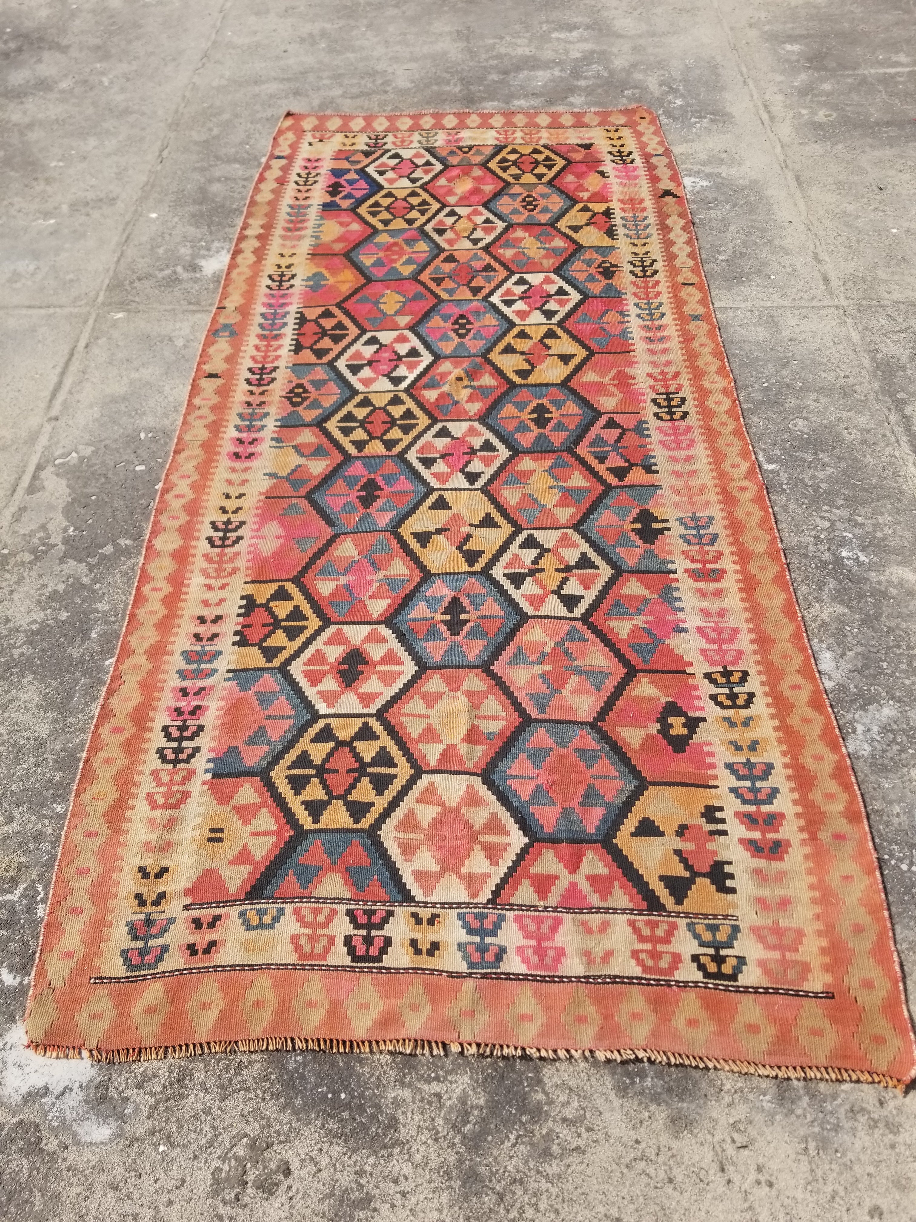 Vintage Traditional Handwoven Turkish Tribal Wool Multicolor Kilim 326x142cm