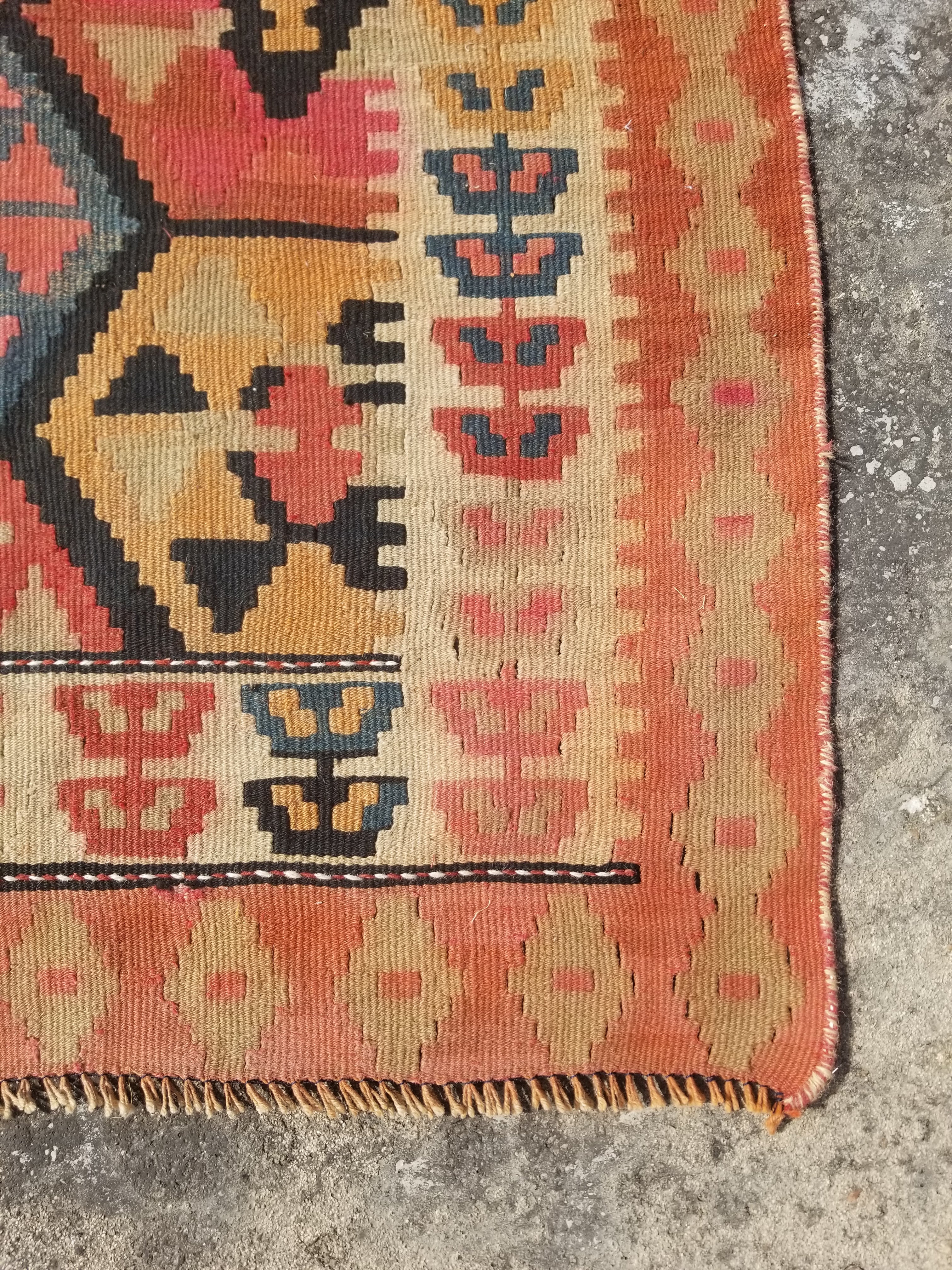 Vintage Traditional Handwoven Turkish Tribal Wool Multicolor Kilim 326x142cm