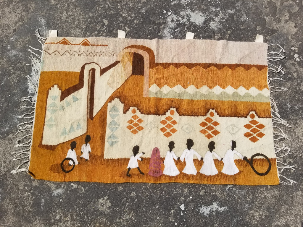 Vintage Traditional Handwoven Egyptian Rural Village Scene Wool Tapestry 113x70cm