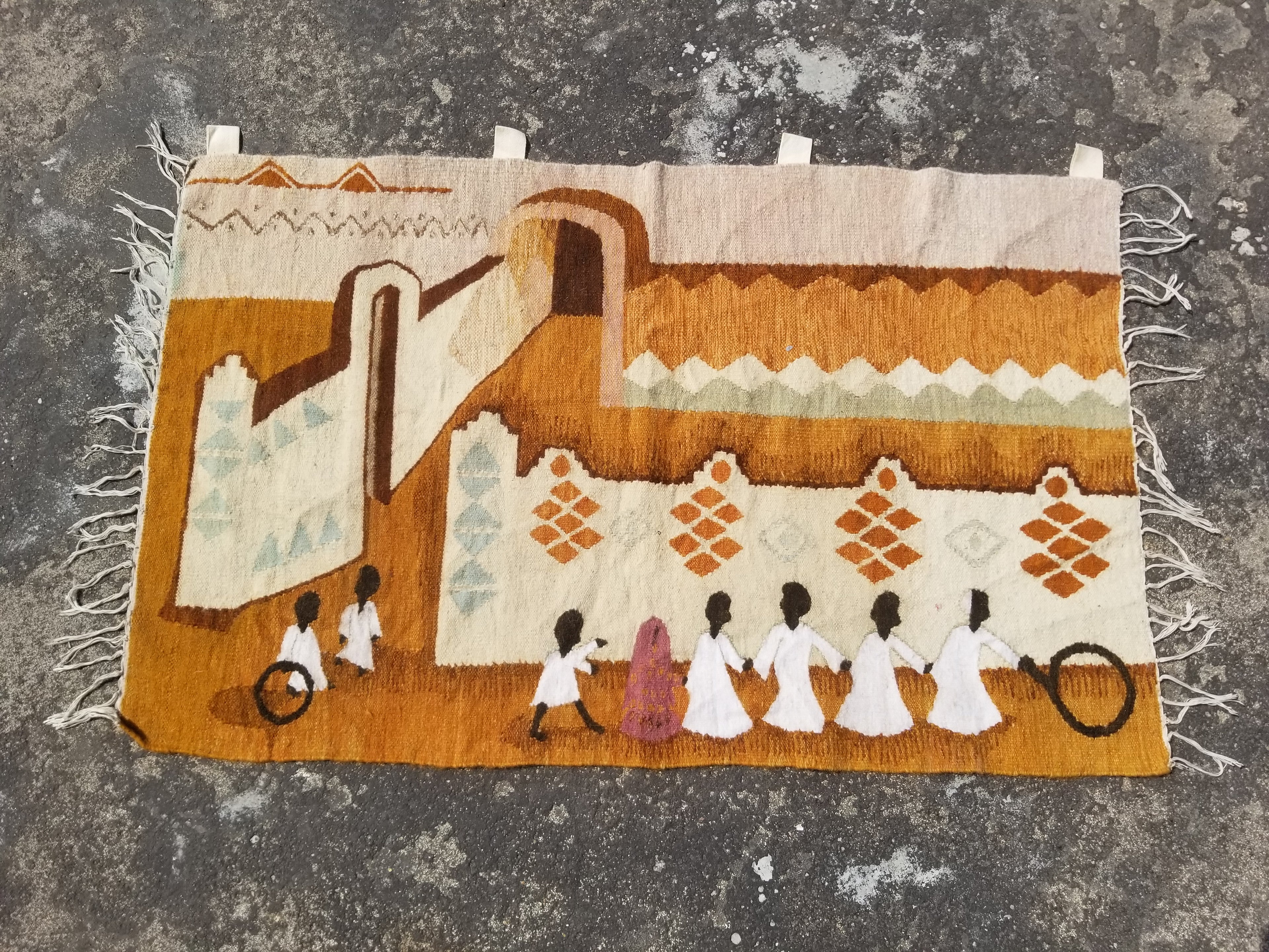 Vintage Traditional Handwoven Egyptian Rural Village Scene Wool Tapestry 113x70cm