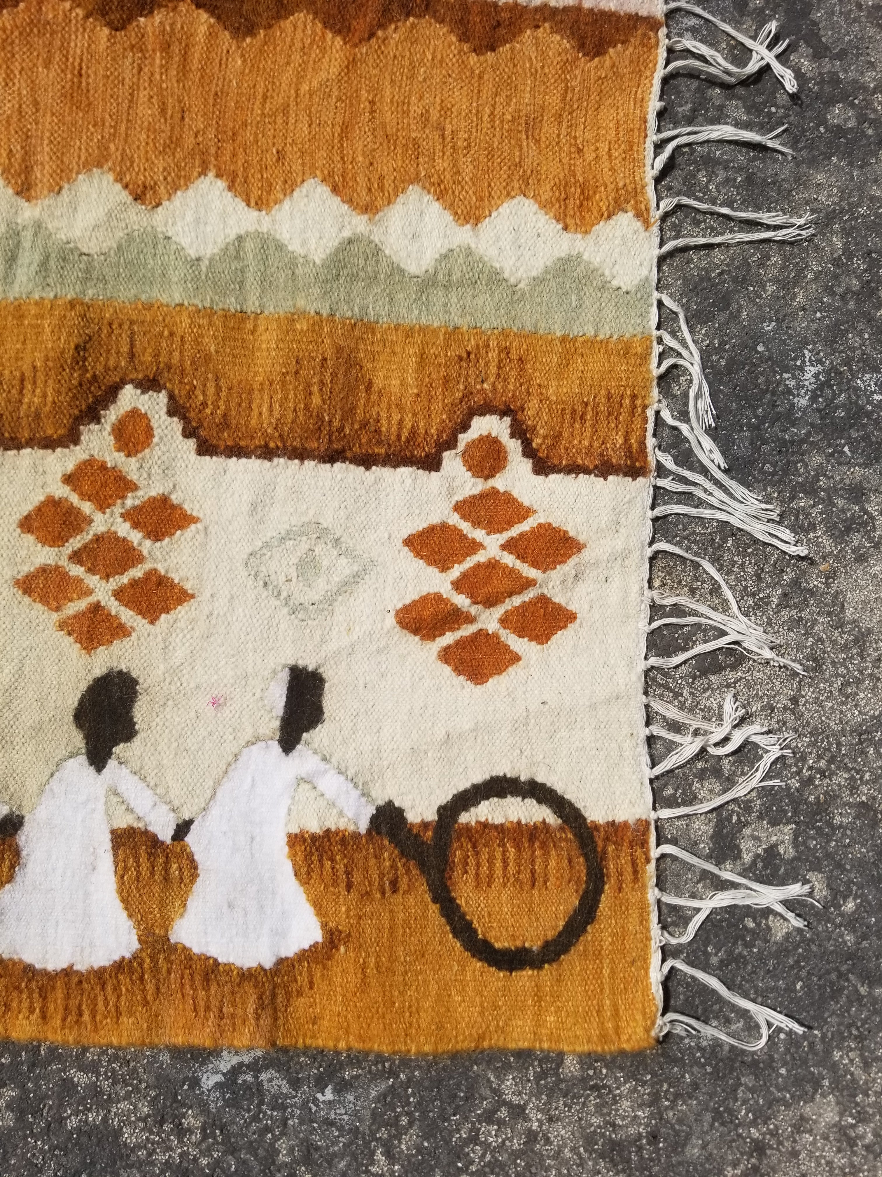 Vintage Traditional Handwoven Egyptian Rural Village Scene Wool Tapestry 113x70cm