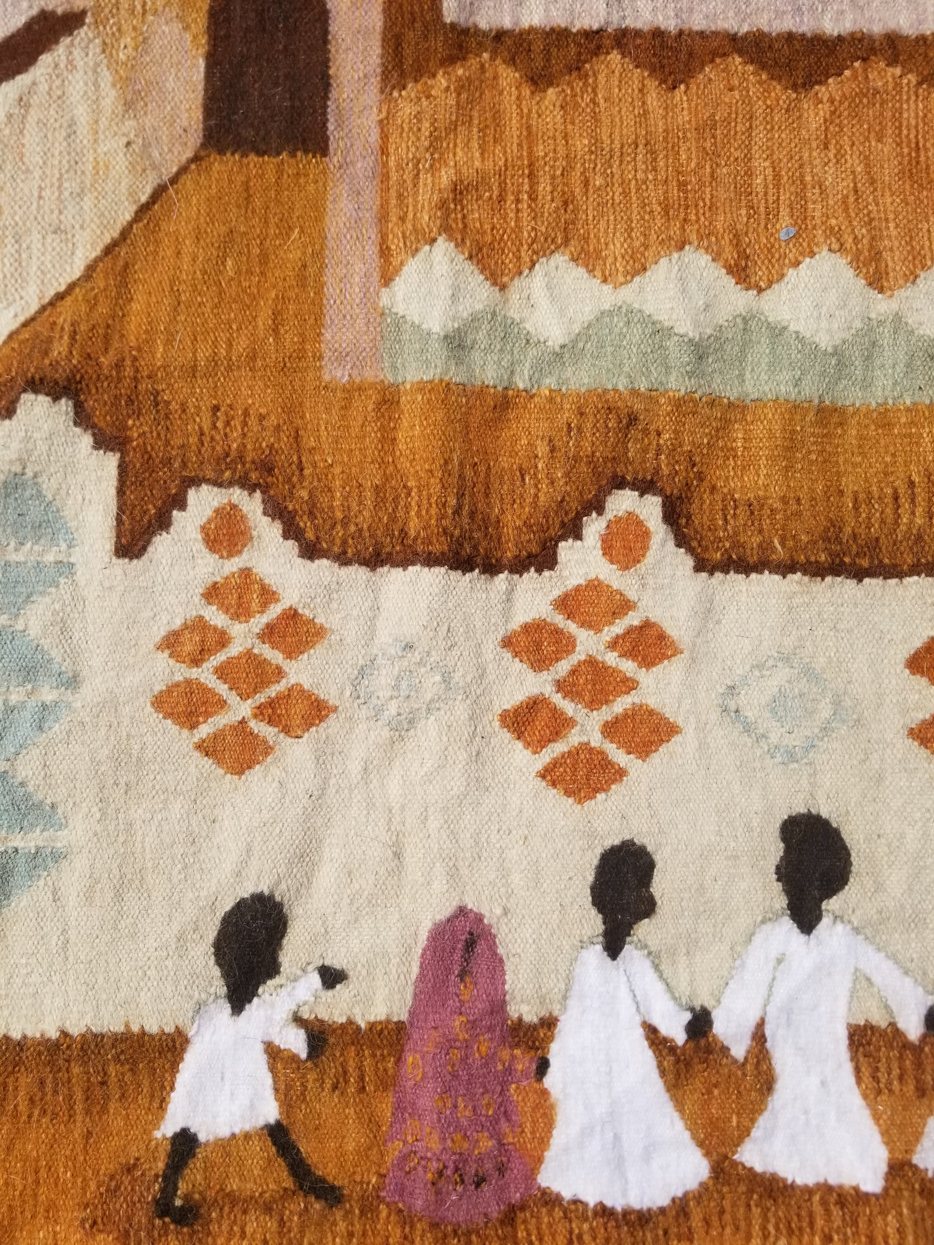 Vintage Traditional Handwoven Egyptian Rural Village Scene Wool Tapestry 113x70cm