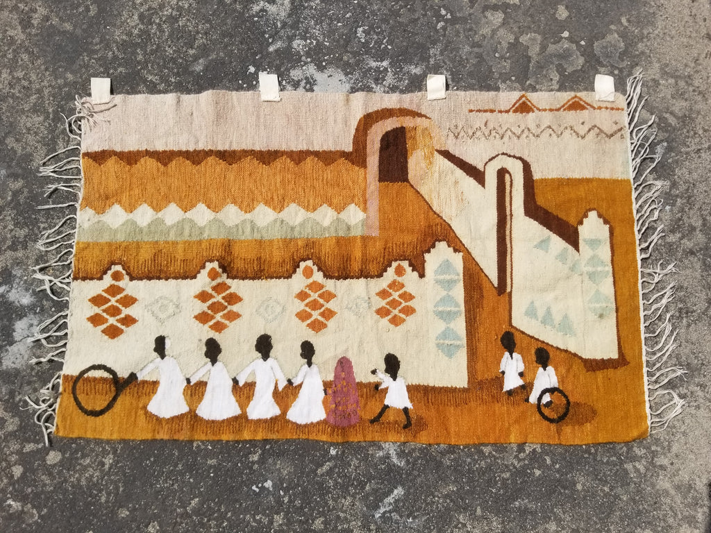 Vintage Traditional Handwoven Egyptian Rural Village Scene Wool Tapestry 113x70cm