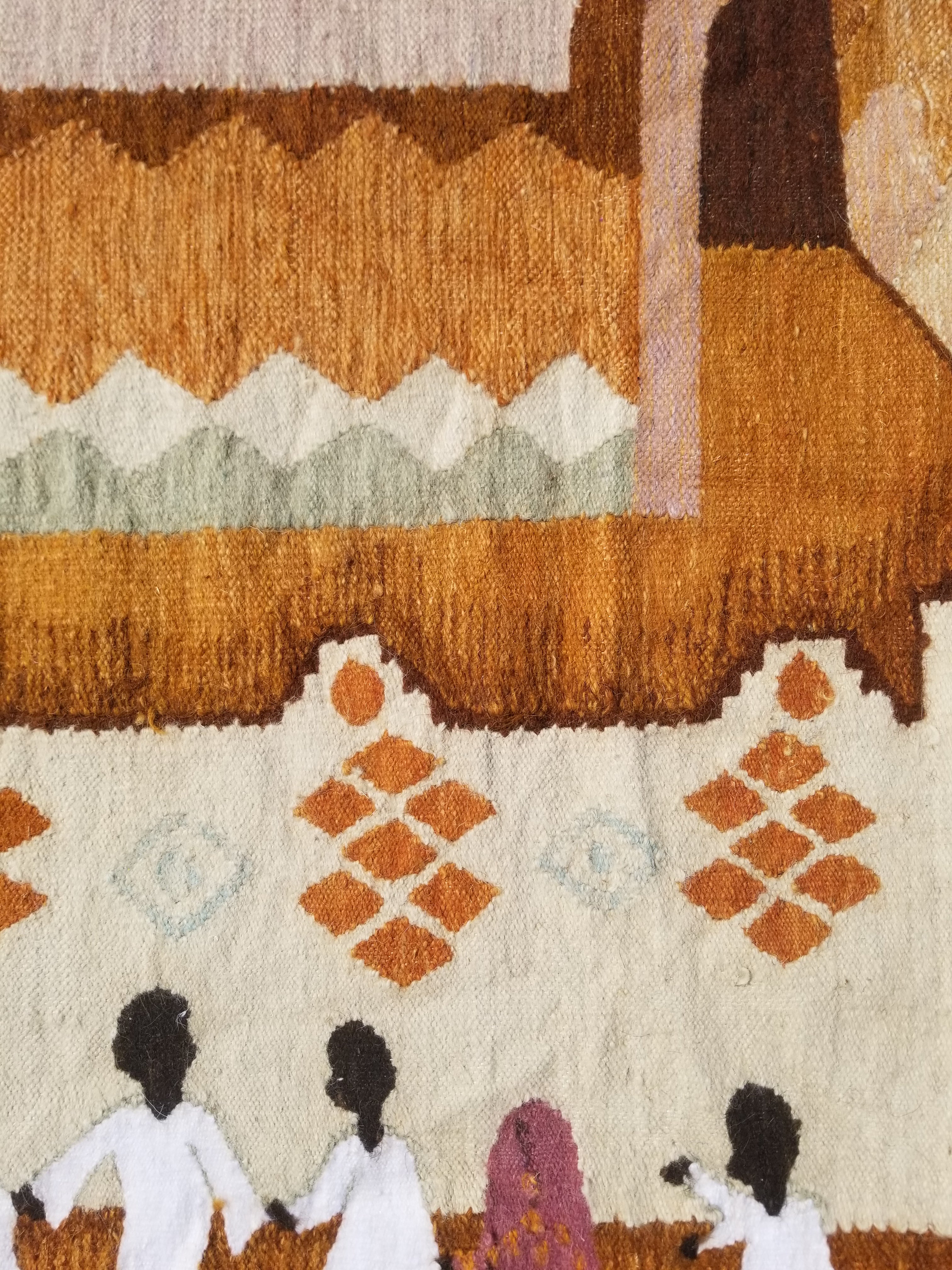 Vintage Traditional Handwoven Egyptian Rural Village Scene Wool Tapestry 113x70cm