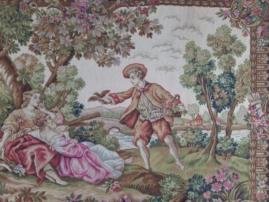 Antique French Rococo Romantic Scene Jacquard Woven Tapestry 195x1378cm