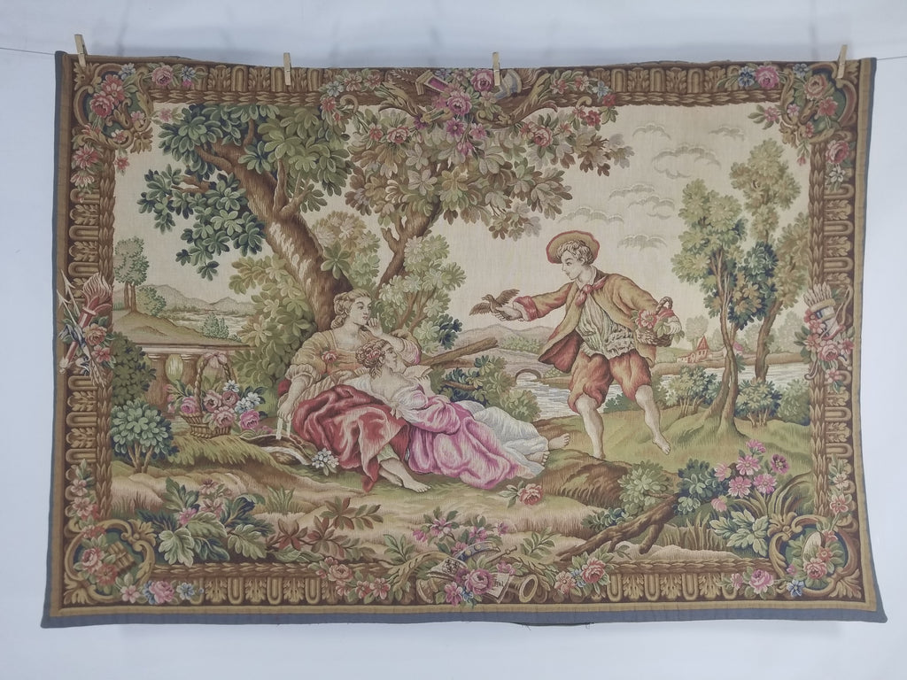 Antique French Rococo Romantic Scene Jacquard Woven Tapestry 195x1378cm
