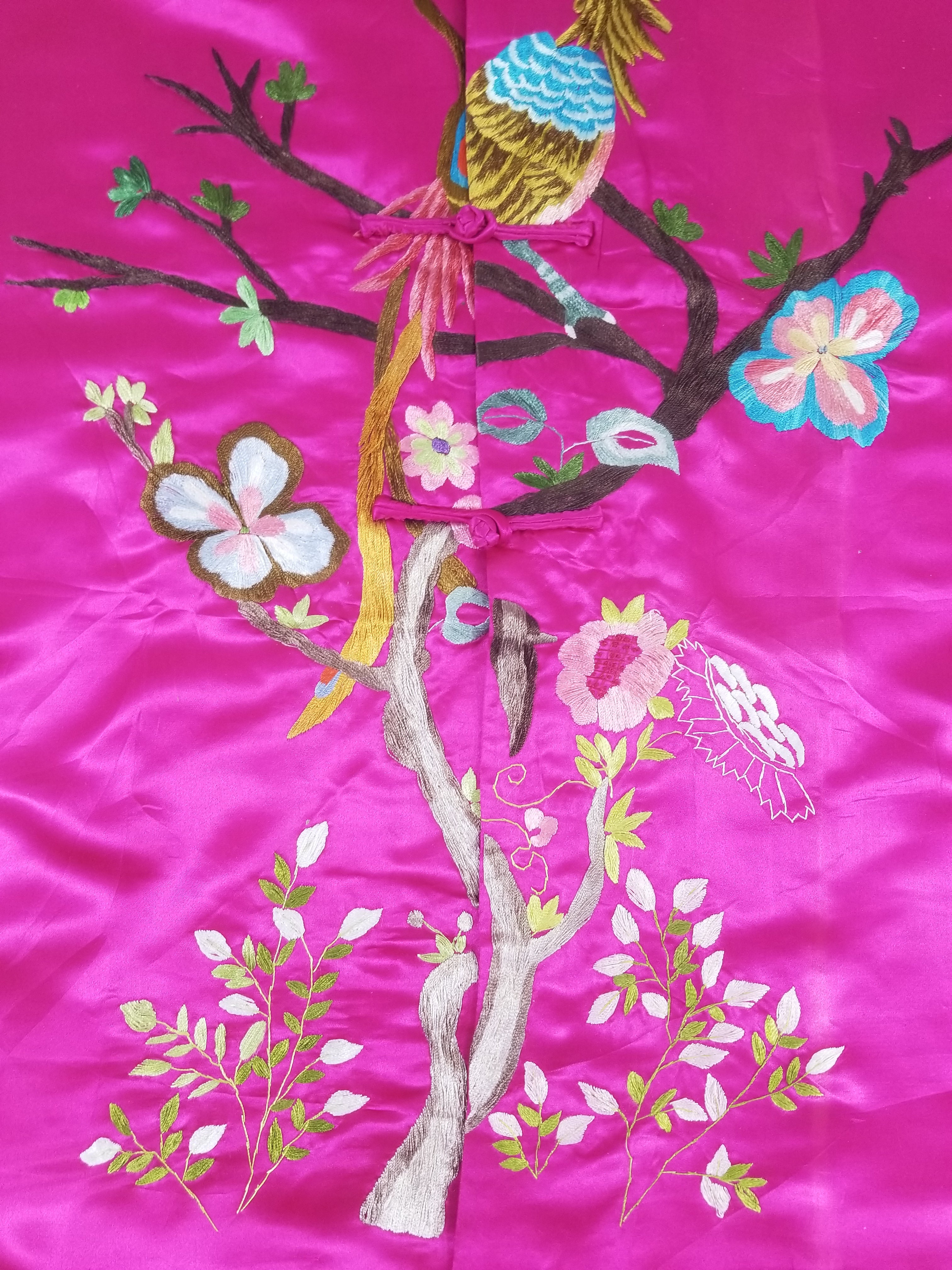 Antique Traditional Chinese Hand Embroidered Floral & Phoenix Motif Silk Coat