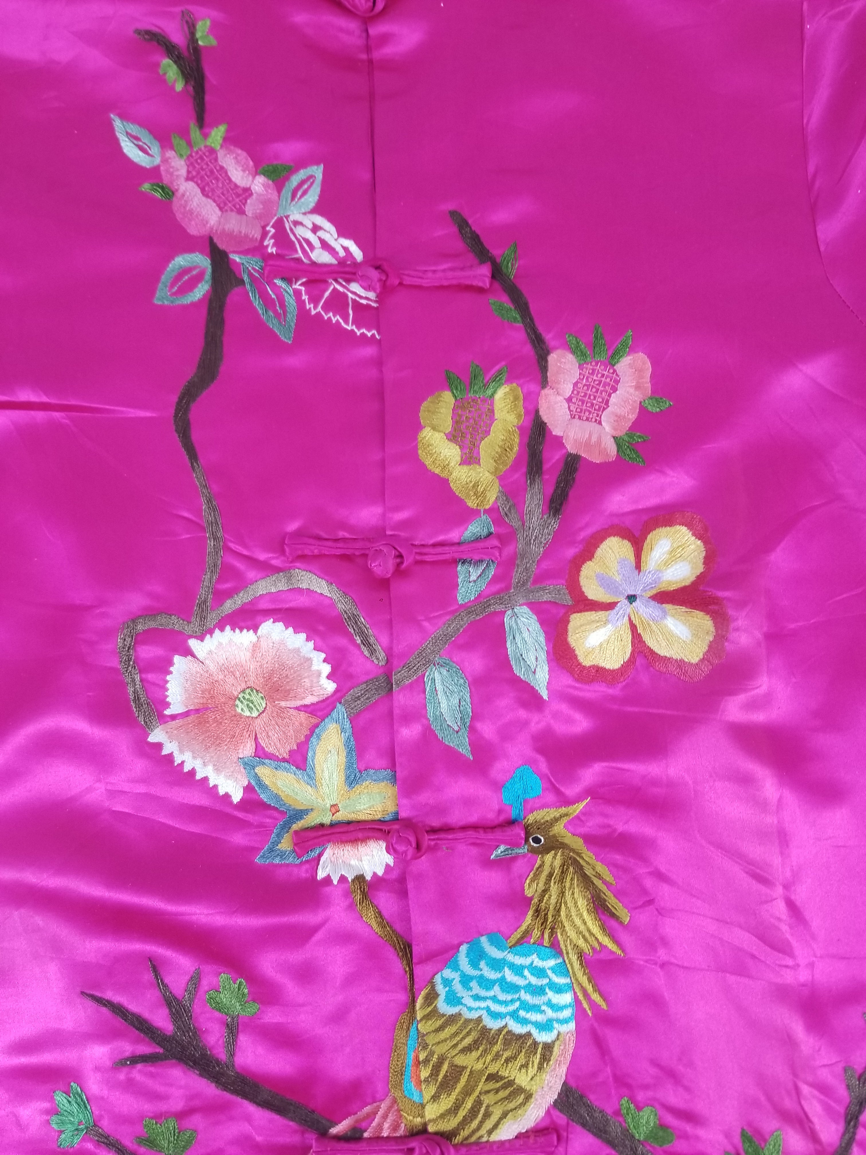 Antique Traditional Chinese Hand Embroidered Floral & Phoenix Motif Silk Coat