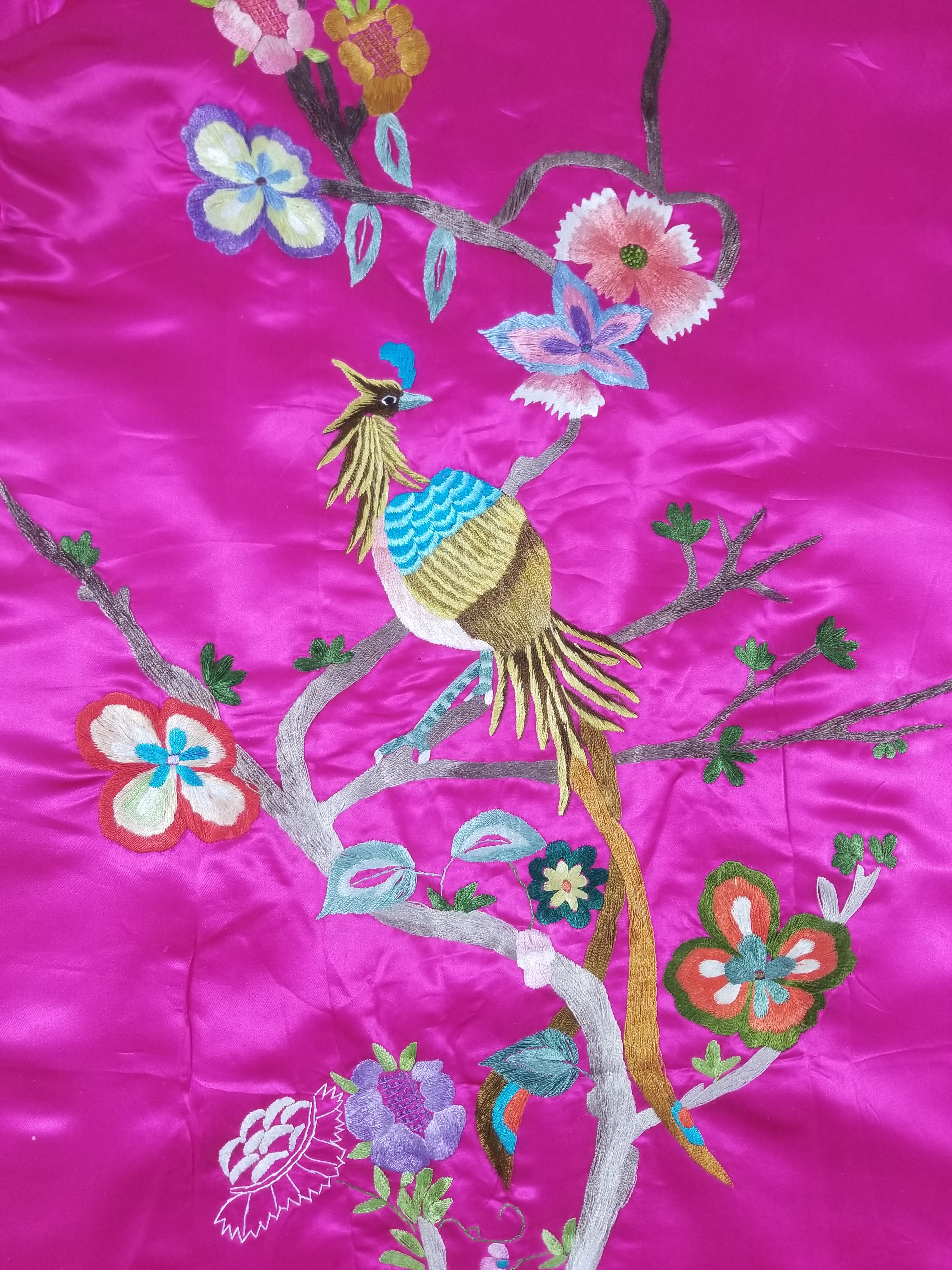 Antique Traditional Chinese Hand Embroidered Floral & Phoenix Motif Silk Coat